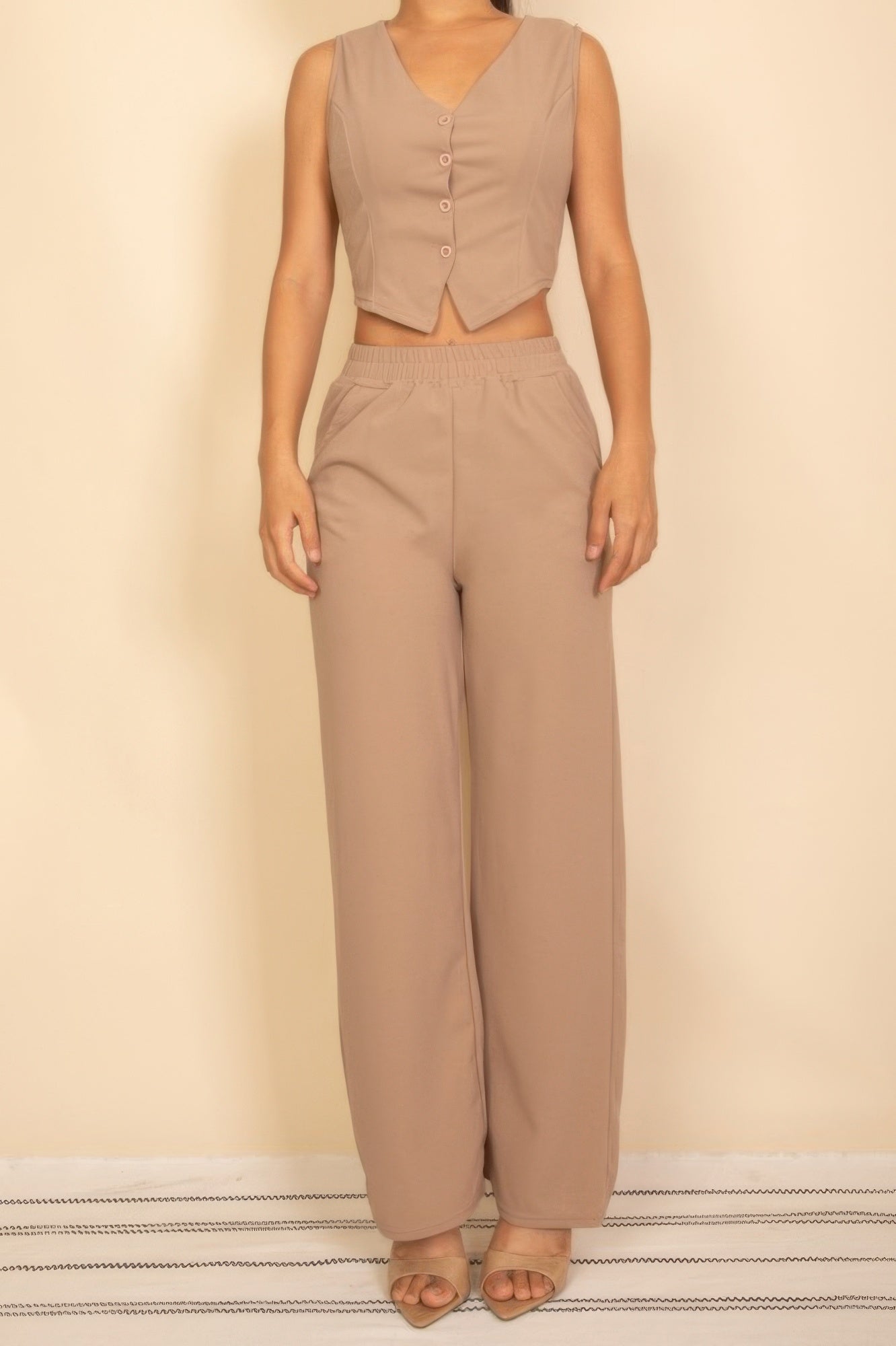 Crowned Energy CO. Taupe / S CCWHOLESALECLOTHING OUTFIT SET Tailored Button Vest With Adjustable Back Tie & Wide Leg Pants Set