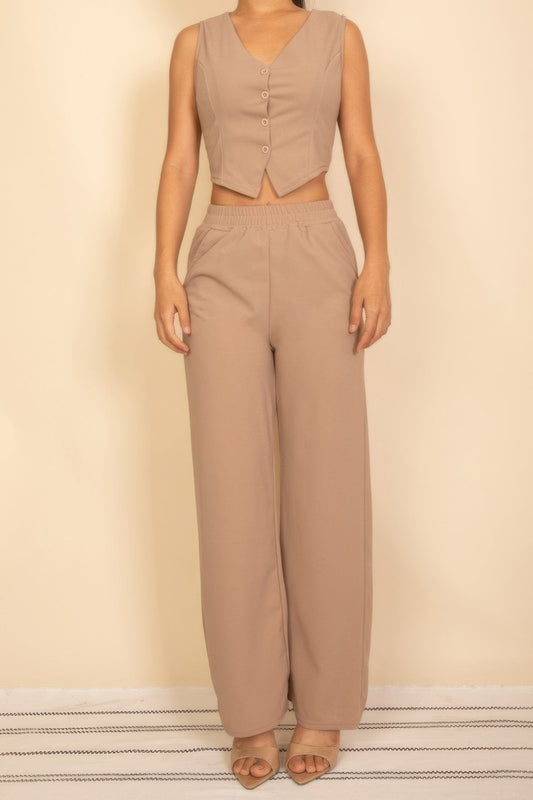 Crowned Energy CO. Taupe / S CCWHOLESALECLOTHING OUTFIT SET Tailored Button Vest With Adjustable Back Tie & Wide Leg Pants Set