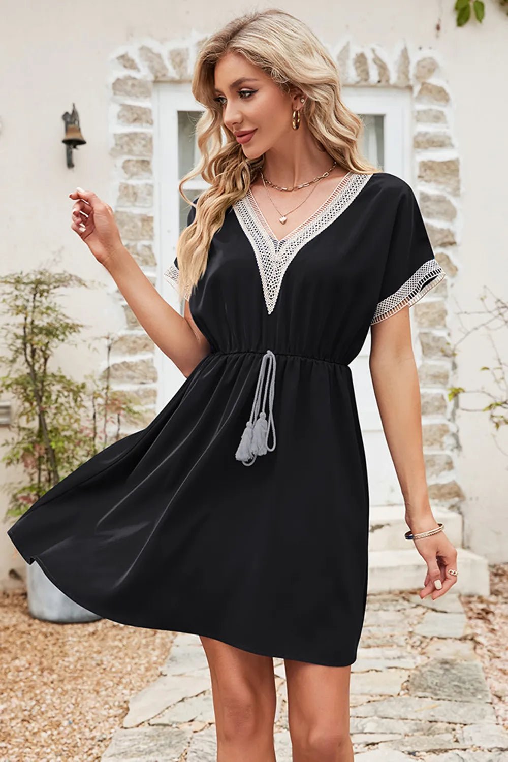 Tassel V - Neck Short Sleeve Dress - Crowned Energy CO.