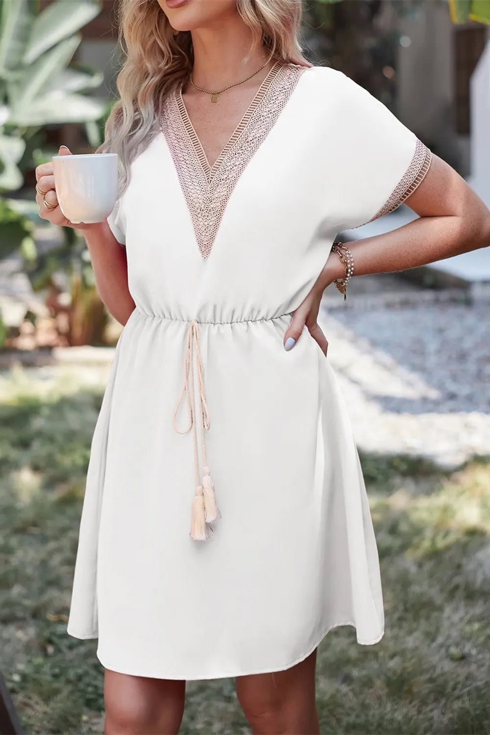 Tassel V - Neck Short Sleeve Dress - Crowned Energy CO.