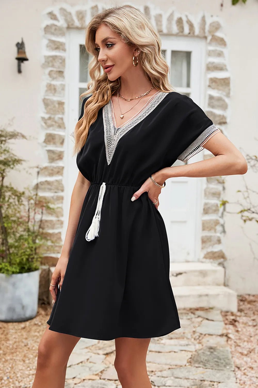 Tassel V - Neck Short Sleeve Dress - Crowned Energy CO.