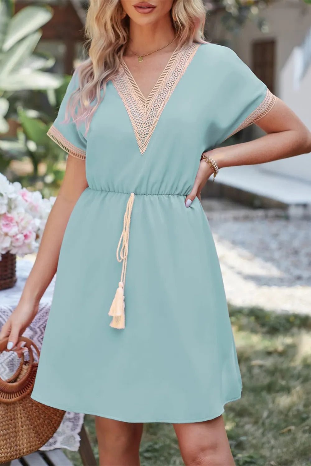 Tassel V - Neck Short Sleeve Dress - Crowned Energy CO.