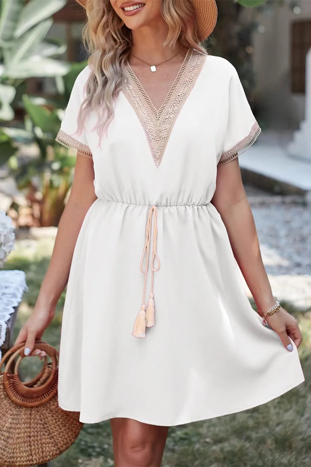 Tassel V - Neck Short Sleeve Dress - Crowned Energy CO.