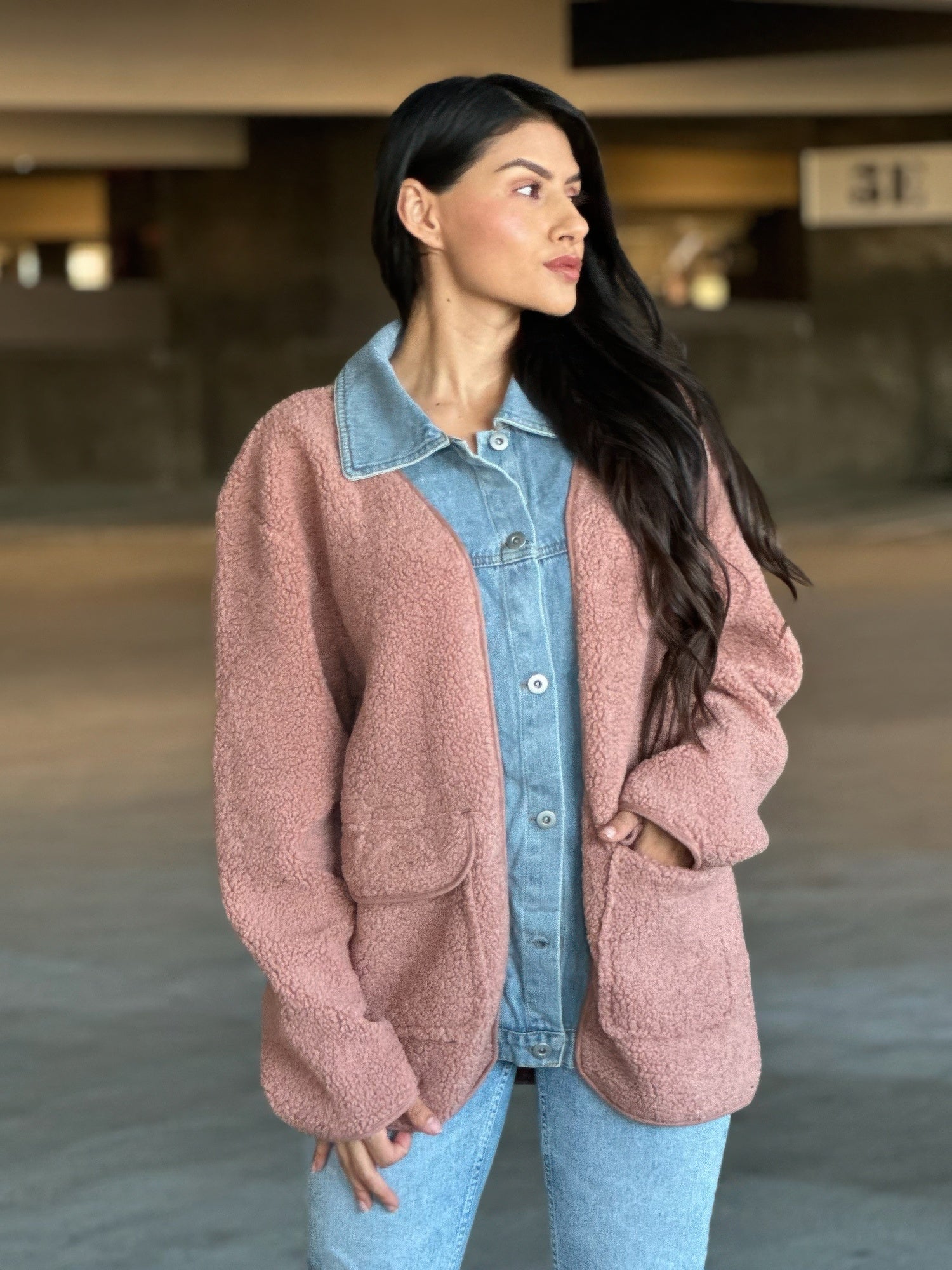 Teddy Fleece & Denim Jacket With Square Pockets - Crowned Energy CO.