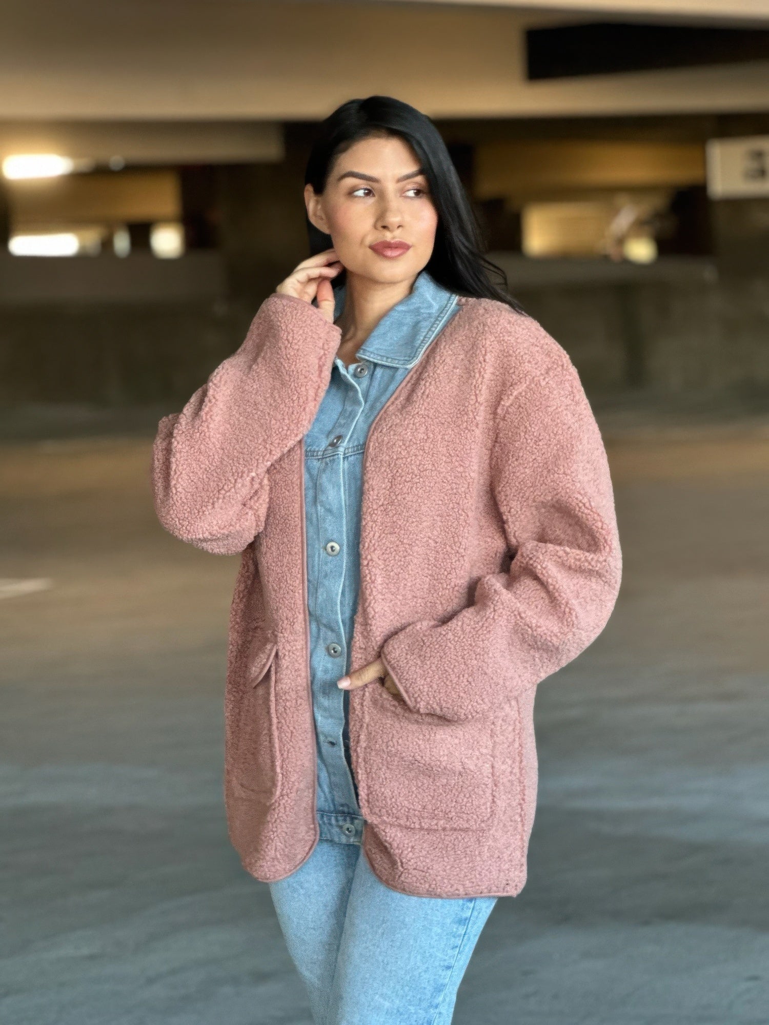 Teddy Fleece & Denim Jacket With Square Pockets - Crowned Energy CO.