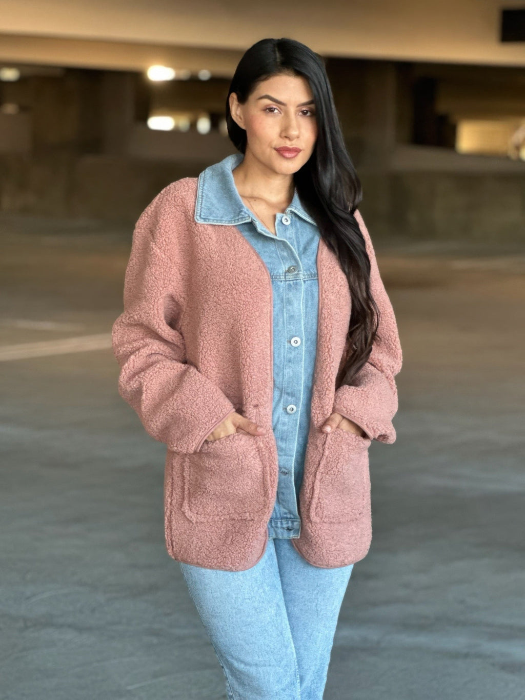 Teddy Fleece & Denim Jacket With Square Pockets - Crowned Energy CO.