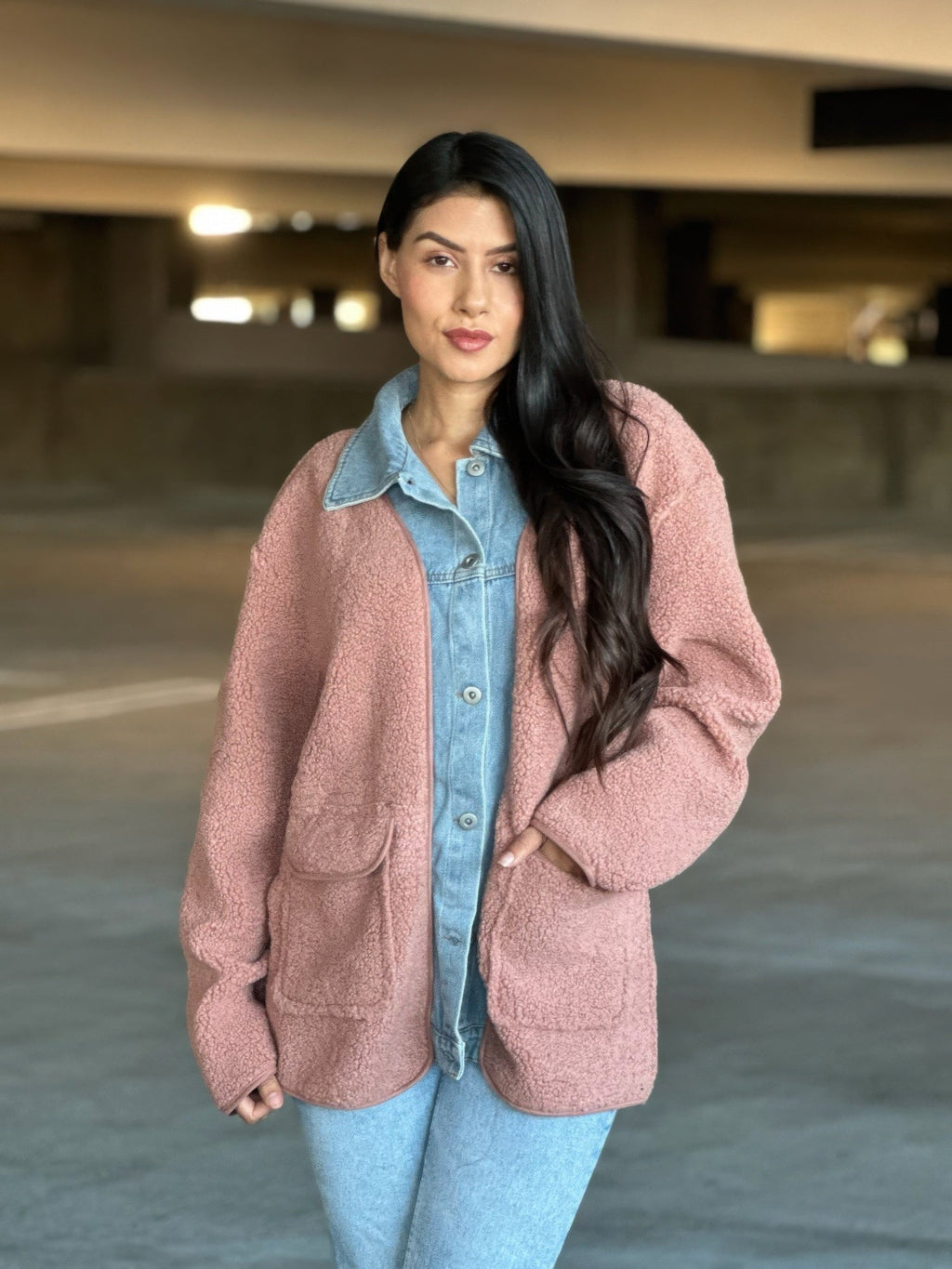 Teddy Fleece & Denim Jacket With Square Pockets - Crowned Energy CO.