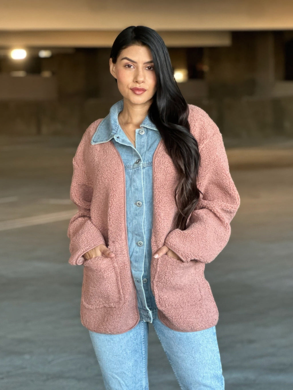 Teddy Fleece & Denim Jacket With Square Pockets - Crowned Energy CO.