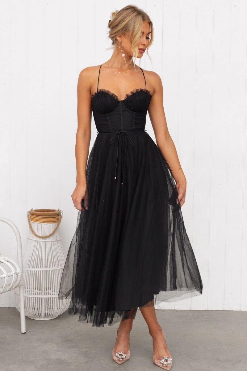 Crowned Energy CO. Black / 2XL Goddess Vibes Dresses Temperament Camisole Mesh Party Evening Dress