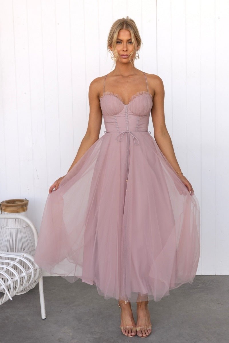 Crowned Energy CO. Pink / L Goddess Vibes Dresses Temperament Camisole Mesh Party Evening Dress