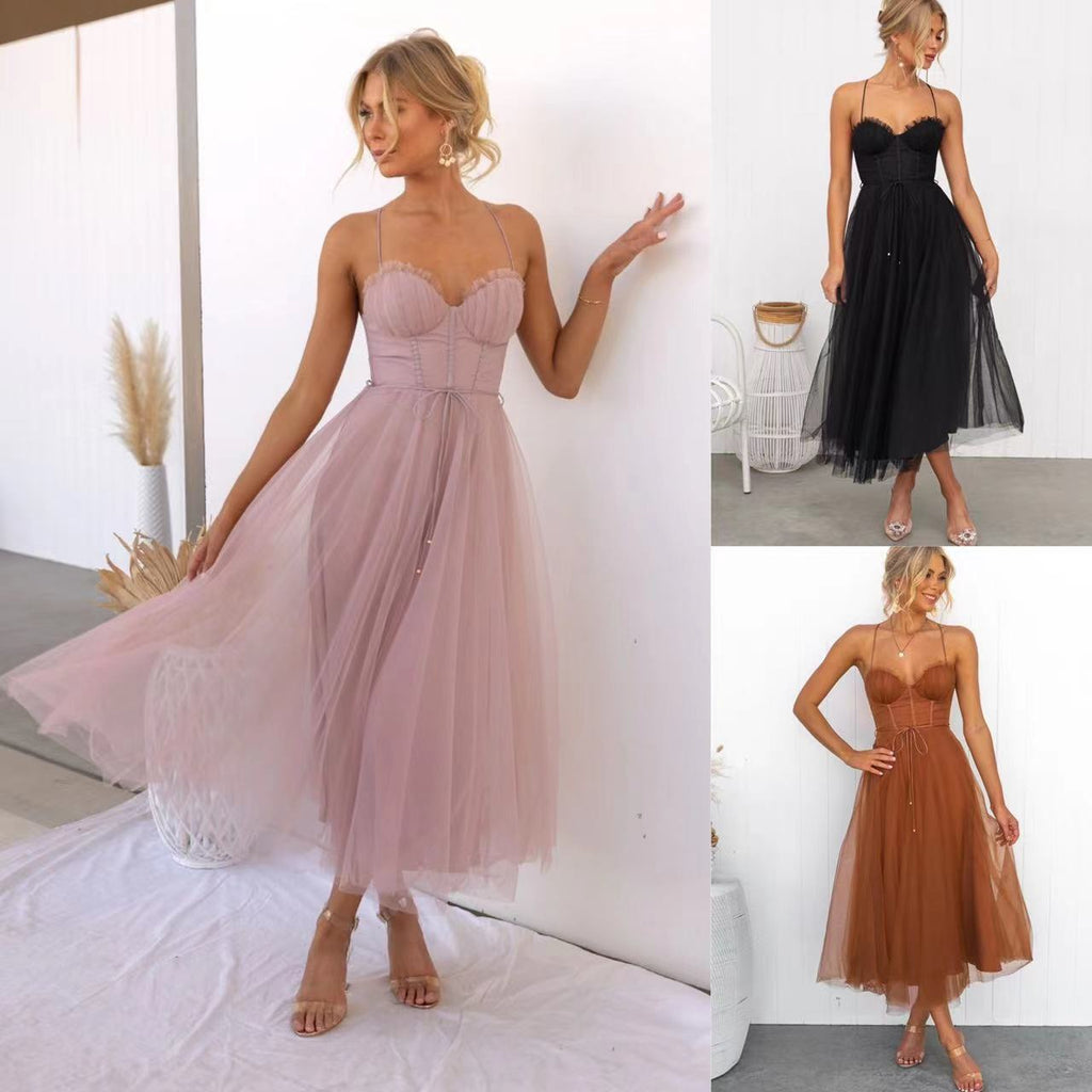 Crowned Energy CO. Black / 2XL Goddess Vibes Dresses Temperament Camisole Mesh Party Evening Dress