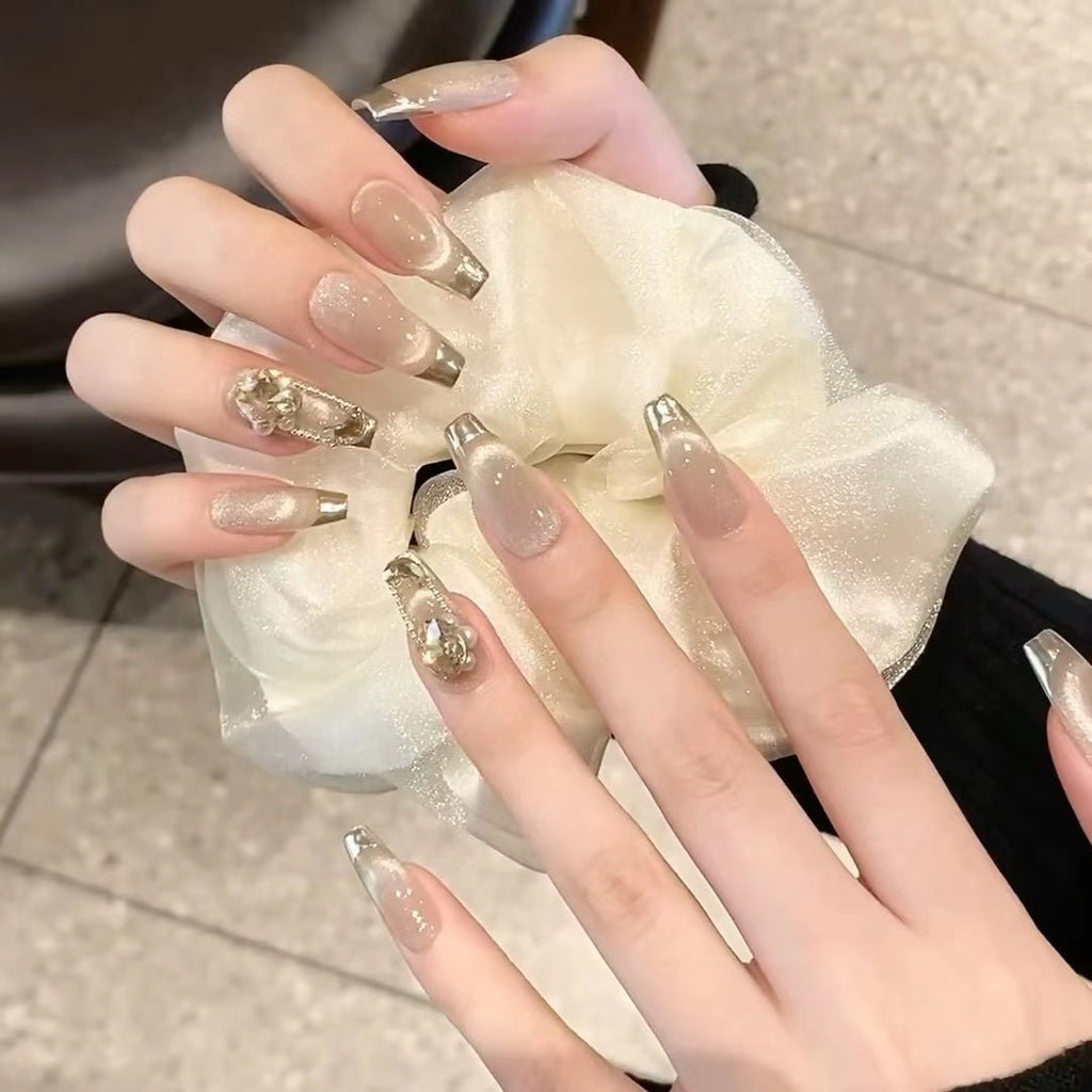 Temperament Cat Eye Champagne French Nails - Crowned Energy CO.