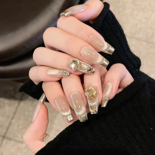 Temperament Cat Eye Champagne French Nails - Crowned Energy CO.