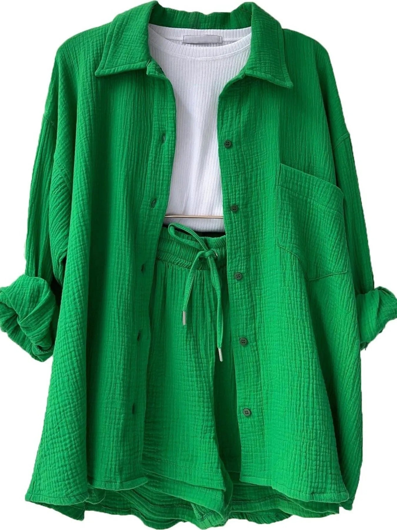 Crowned Energy CO. Green / S Trendsi OUTFIT SET Textured Button Up Shirt and Shorts Set