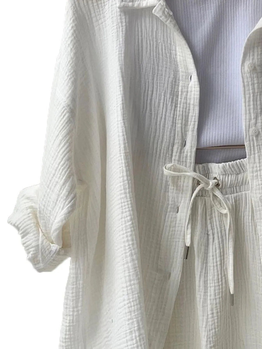 Crowned Energy CO. Green / S Trendsi OUTFIT SET Textured Button Up Shirt and Shorts Set