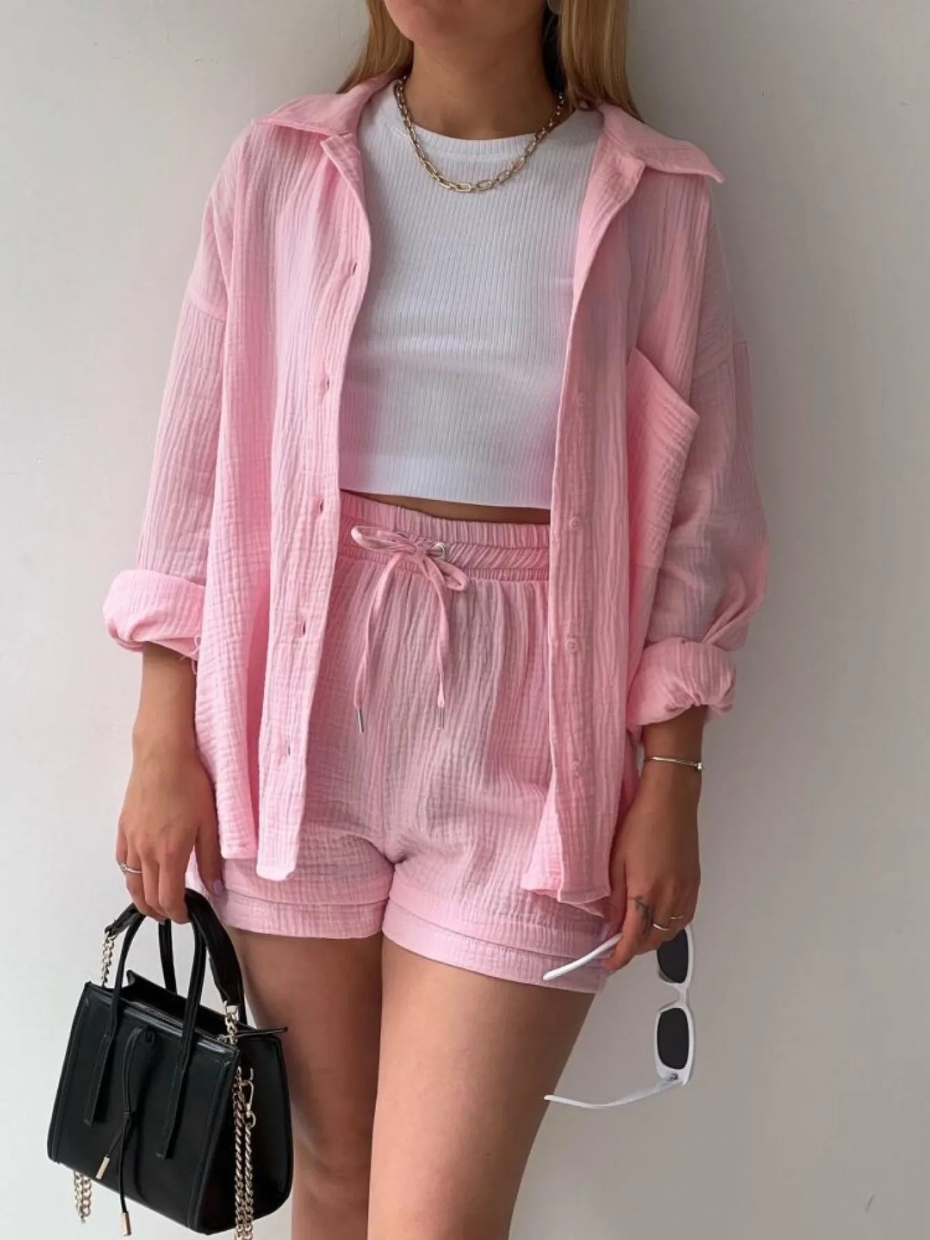 Crowned Energy CO. Pink / S Trendsi OUTFIT SET Textured Button Up Shirt and Shorts Set