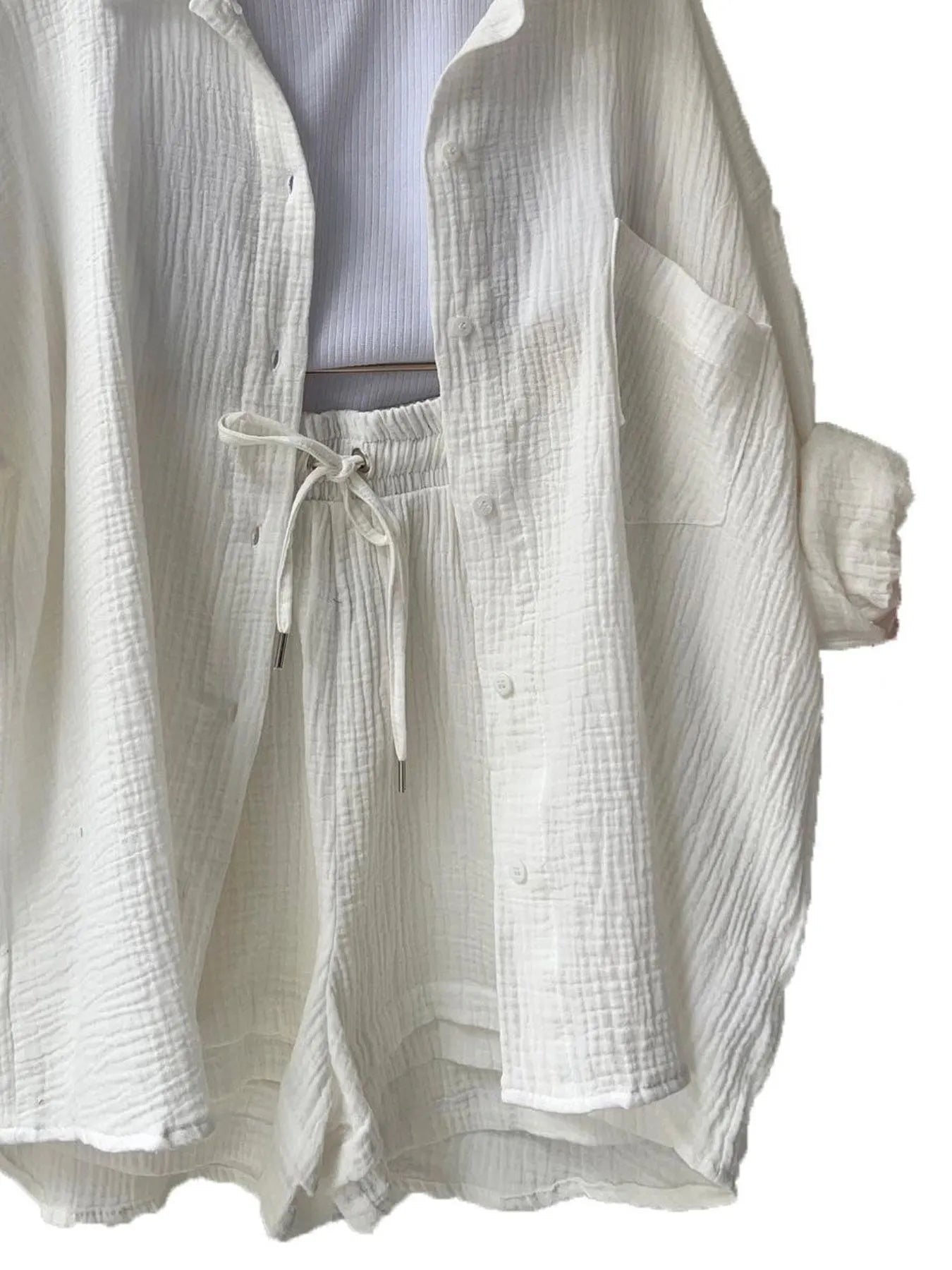 Crowned Energy CO. Green / S Trendsi OUTFIT SET Textured Button Up Shirt and Shorts Set