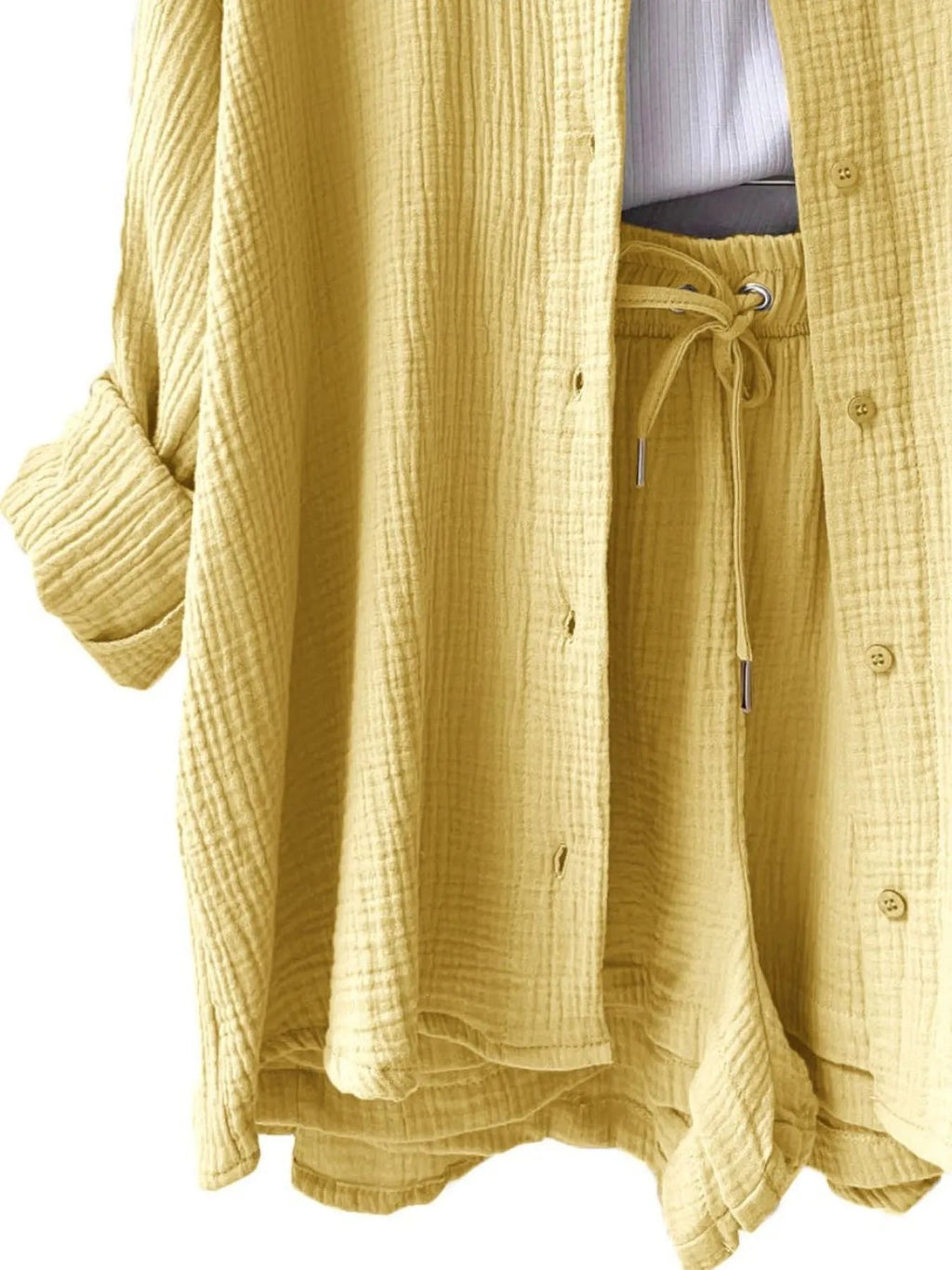 Crowned Energy CO. Green / S Trendsi OUTFIT SET Textured Button Up Shirt and Shorts Set