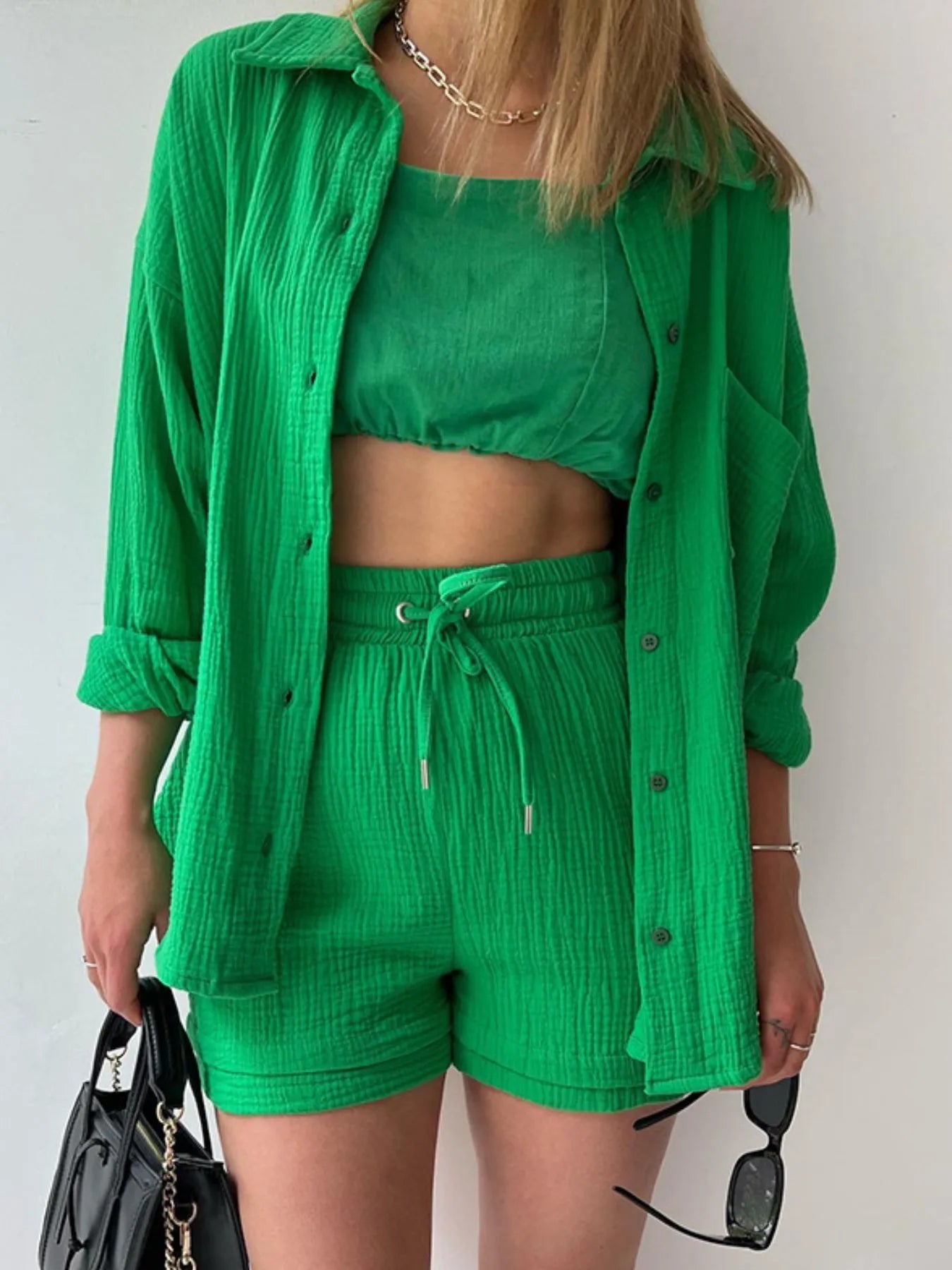 Crowned Energy CO. Green / S Trendsi OUTFIT SET Textured Button Up Shirt and Shorts Set