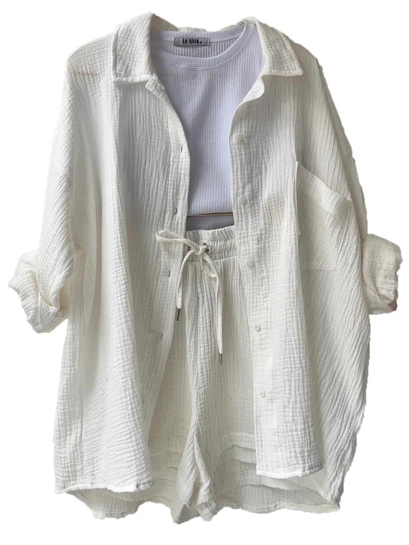 Crowned Energy CO. White / S Trendsi OUTFIT SET Textured Button Up Shirt and Shorts Set