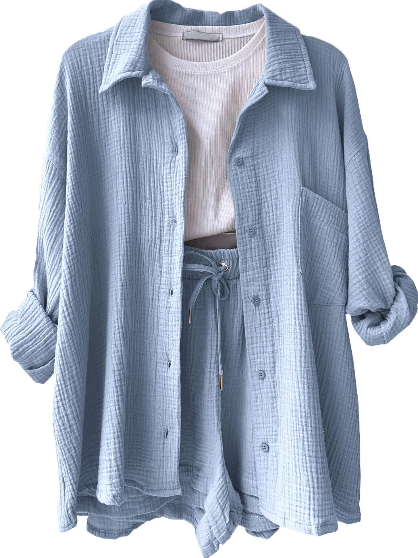 Crowned Energy CO. Light Blue / S Trendsi OUTFIT SET Textured Button Up Shirt and Shorts Set