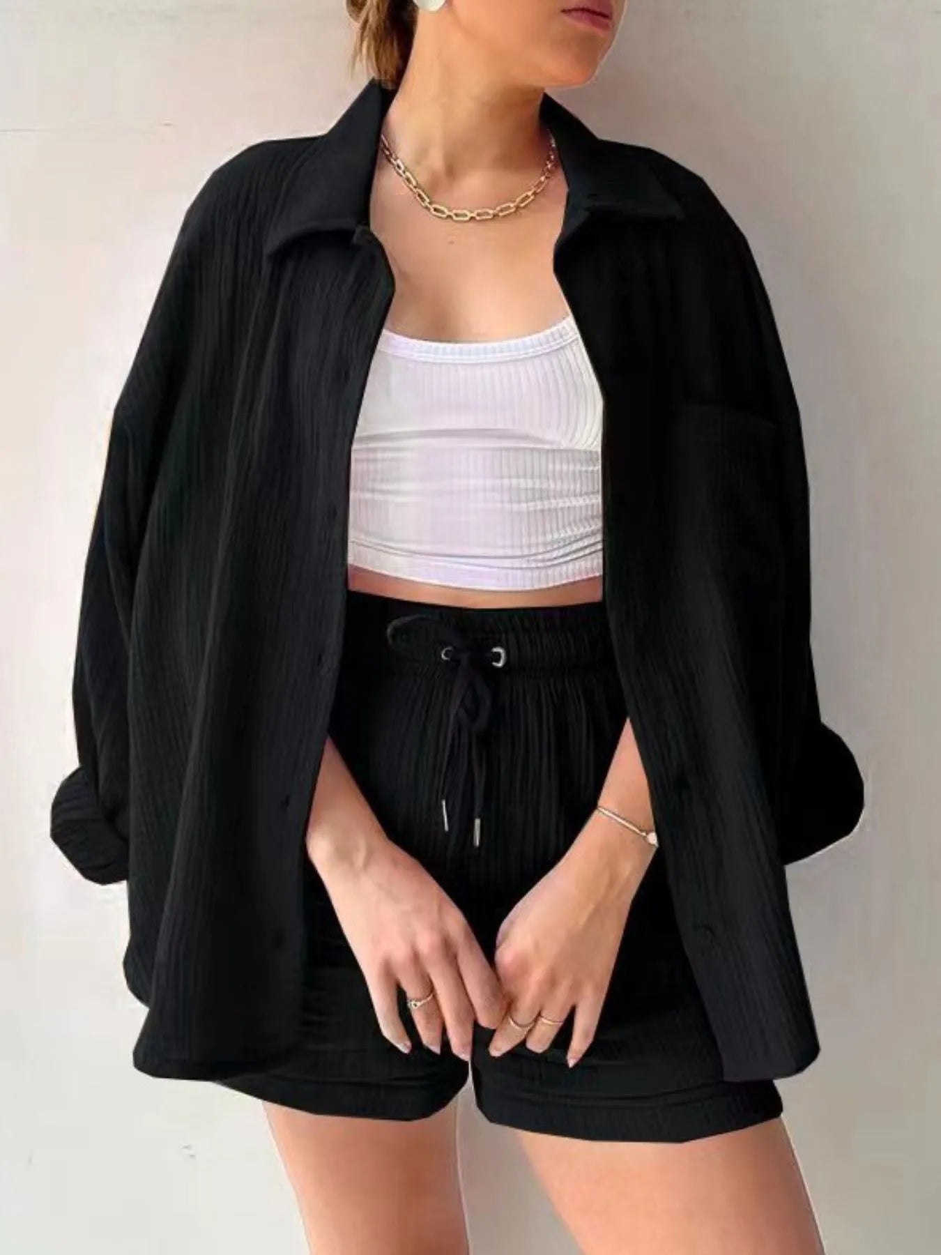 Crowned Energy CO. Black / S Trendsi OUTFIT SET Textured Button Up Shirt and Shorts Set