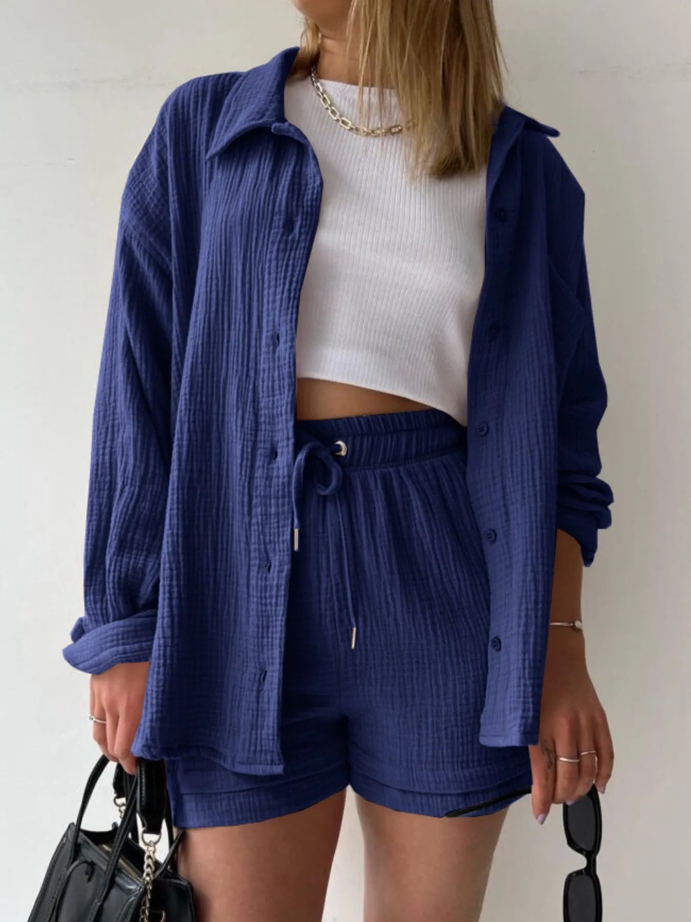 Textured Button Up Shirt and Shorts Set - Goddess Vibes