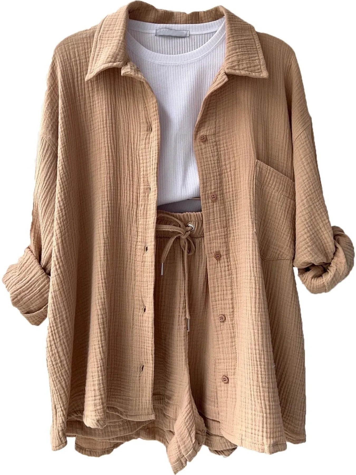 Crowned Energy CO. Khaki / S Trendsi OUTFIT SET Textured Button Up Shirt and Shorts Set