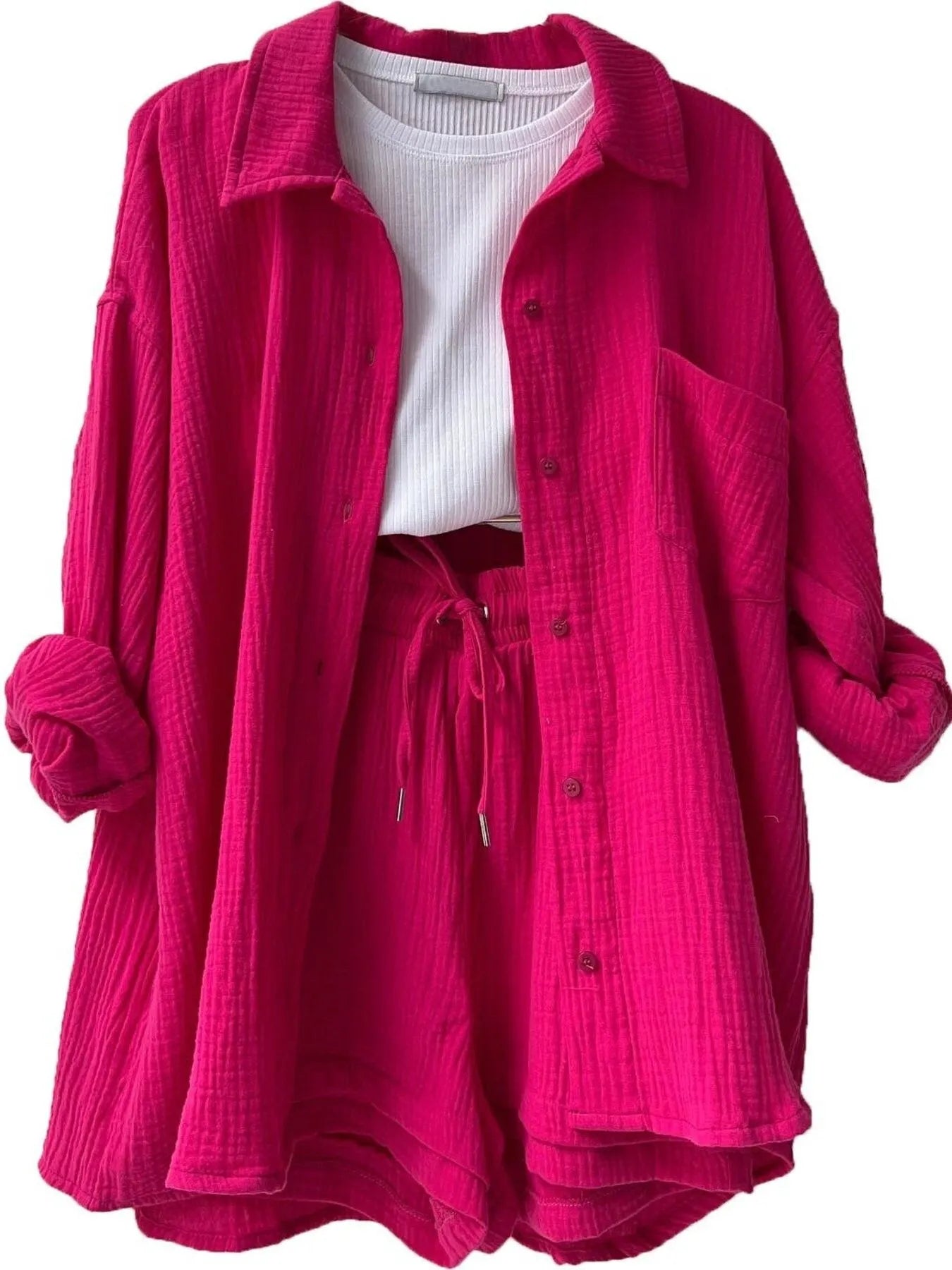 Crowned Energy CO. Rose Red / S Trendsi OUTFIT SET Textured Button Up Shirt and Shorts Set