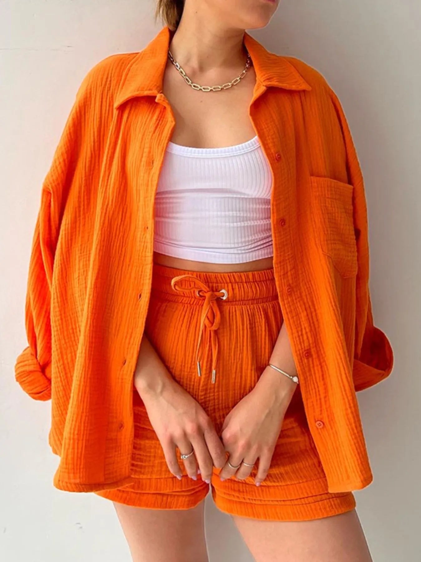 Crowned Energy CO. Green / S Trendsi OUTFIT SET Textured Button Up Shirt and Shorts Set