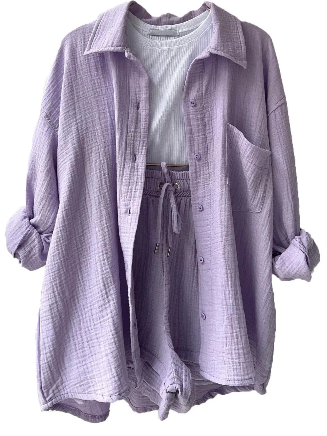 Crowned Energy CO. Light Purple / S Trendsi OUTFIT SET Textured Button Up Shirt and Shorts Set