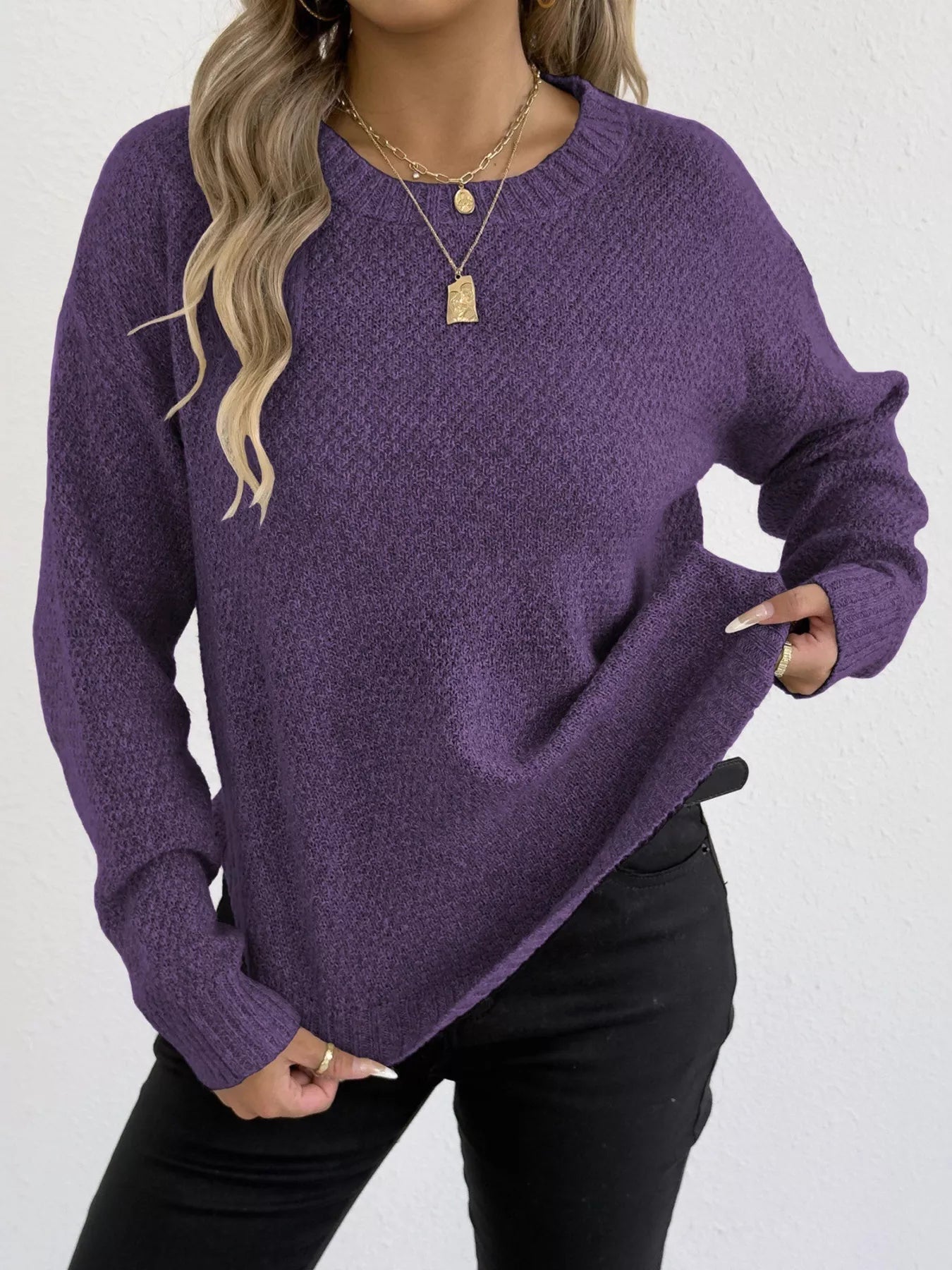 Crowned Energy CO. Purple / S Trendsi Sweaters & Cardigans/Cardigans Textured Knit Relaxed Fit Round Neck Sweater