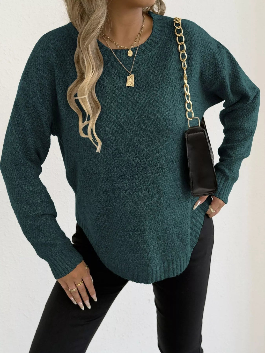 Crowned Energy CO. Apricot / S Trendsi Sweaters & Cardigans/Cardigans Textured Knit Relaxed Fit Round Neck Sweater