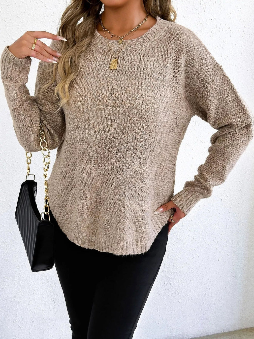 Crowned Energy CO. Apricot / S Trendsi Sweaters & Cardigans/Cardigans Textured Knit Relaxed Fit Round Neck Sweater