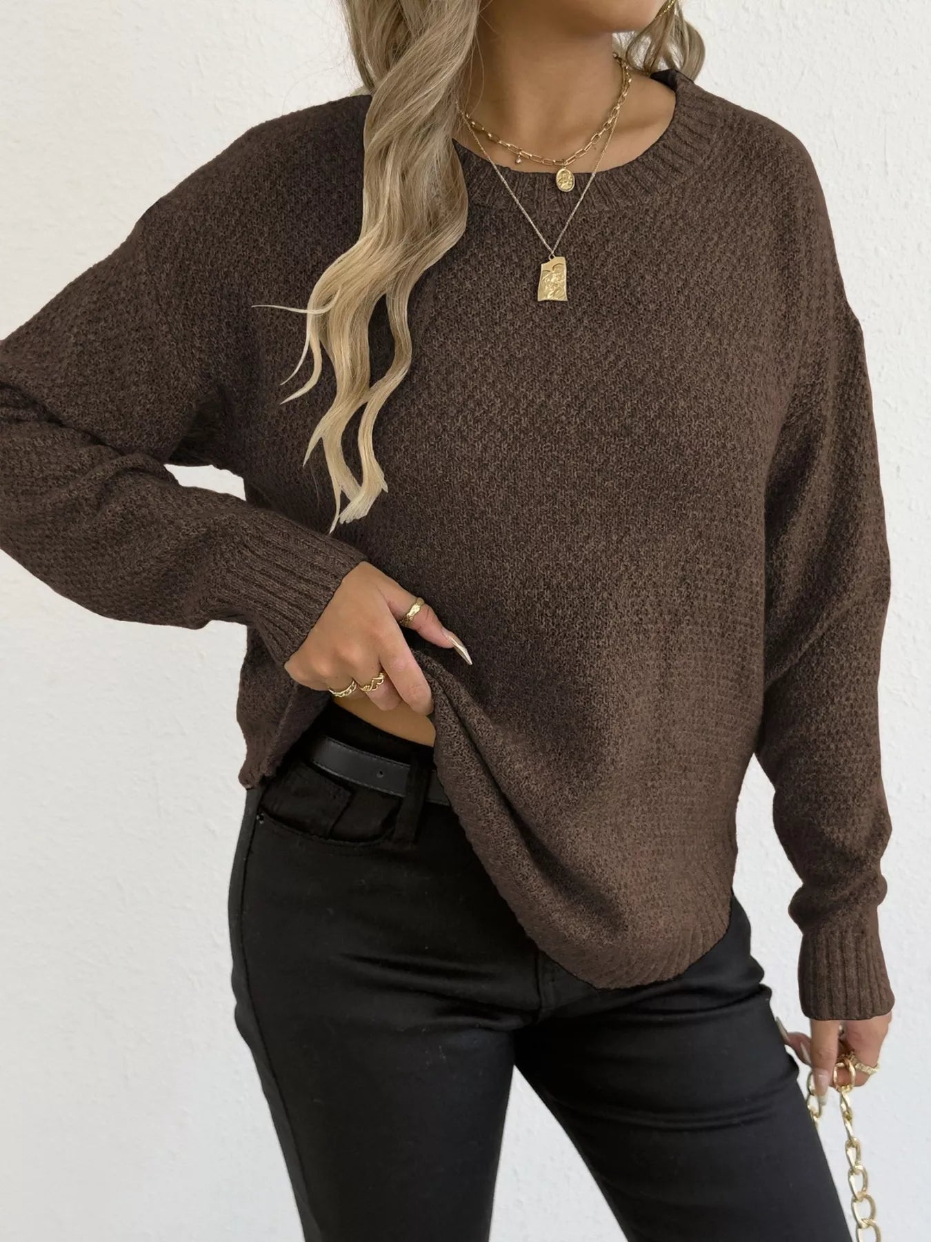 Crowned Energy CO. Brown / S Trendsi Sweaters & Cardigans/Cardigans Textured Knit Relaxed Fit Round Neck Sweater