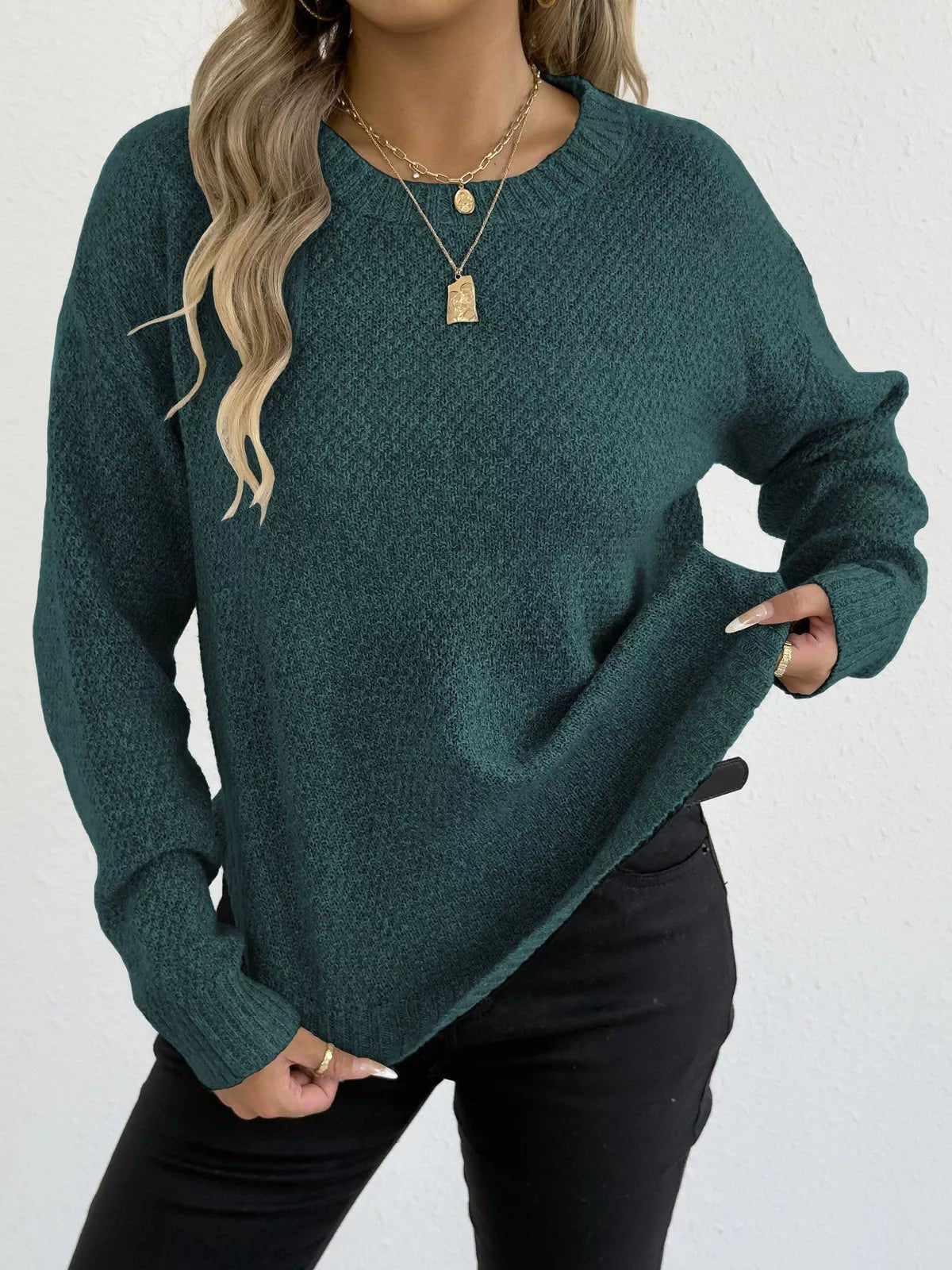 Crowned Energy CO. Dark Green / S Trendsi Sweaters & Cardigans/Cardigans Textured Knit Relaxed Fit Round Neck Sweater