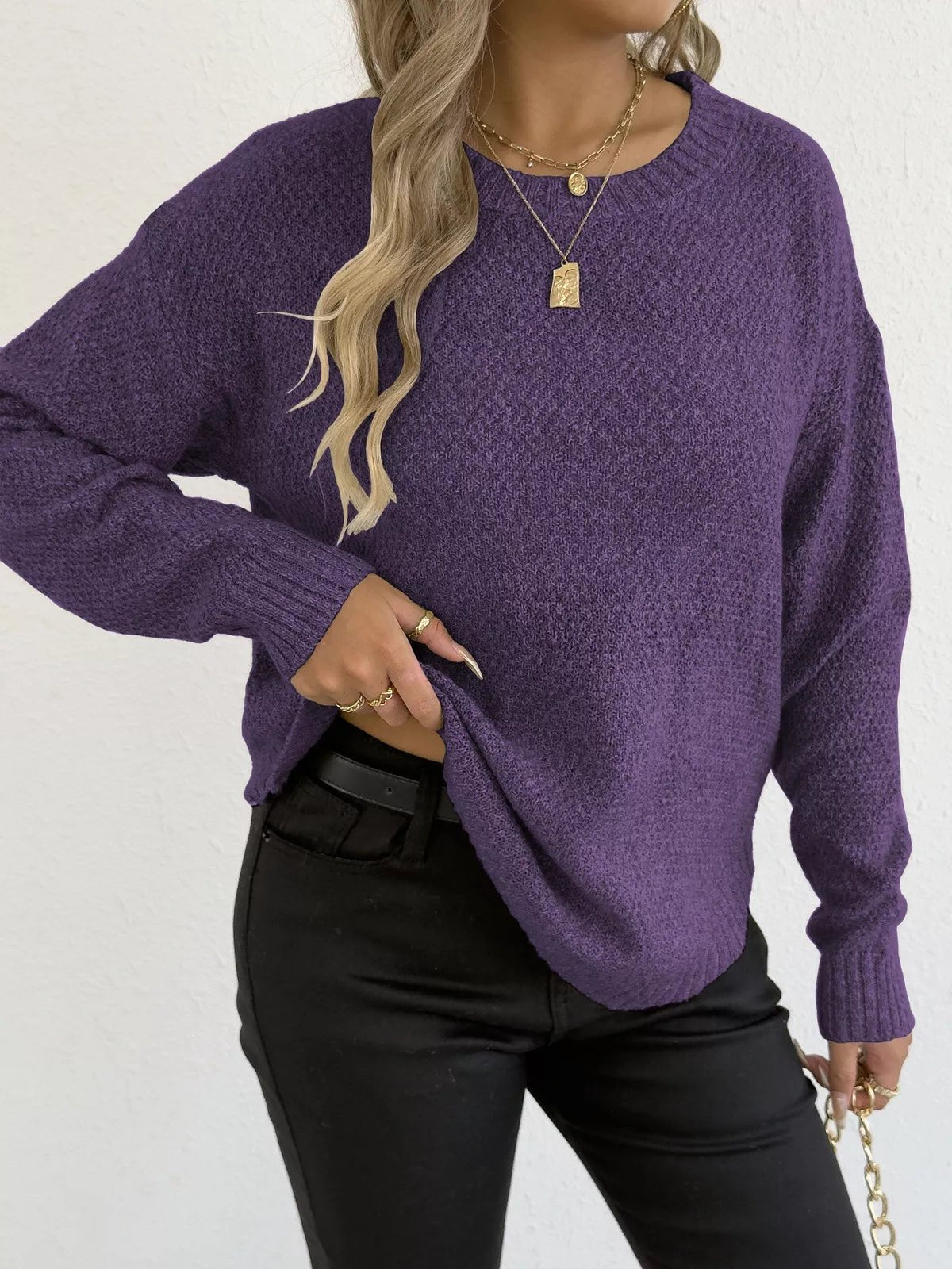 Crowned Energy CO. Apricot / S Trendsi Sweaters & Cardigans/Cardigans Textured Knit Relaxed Fit Round Neck Sweater