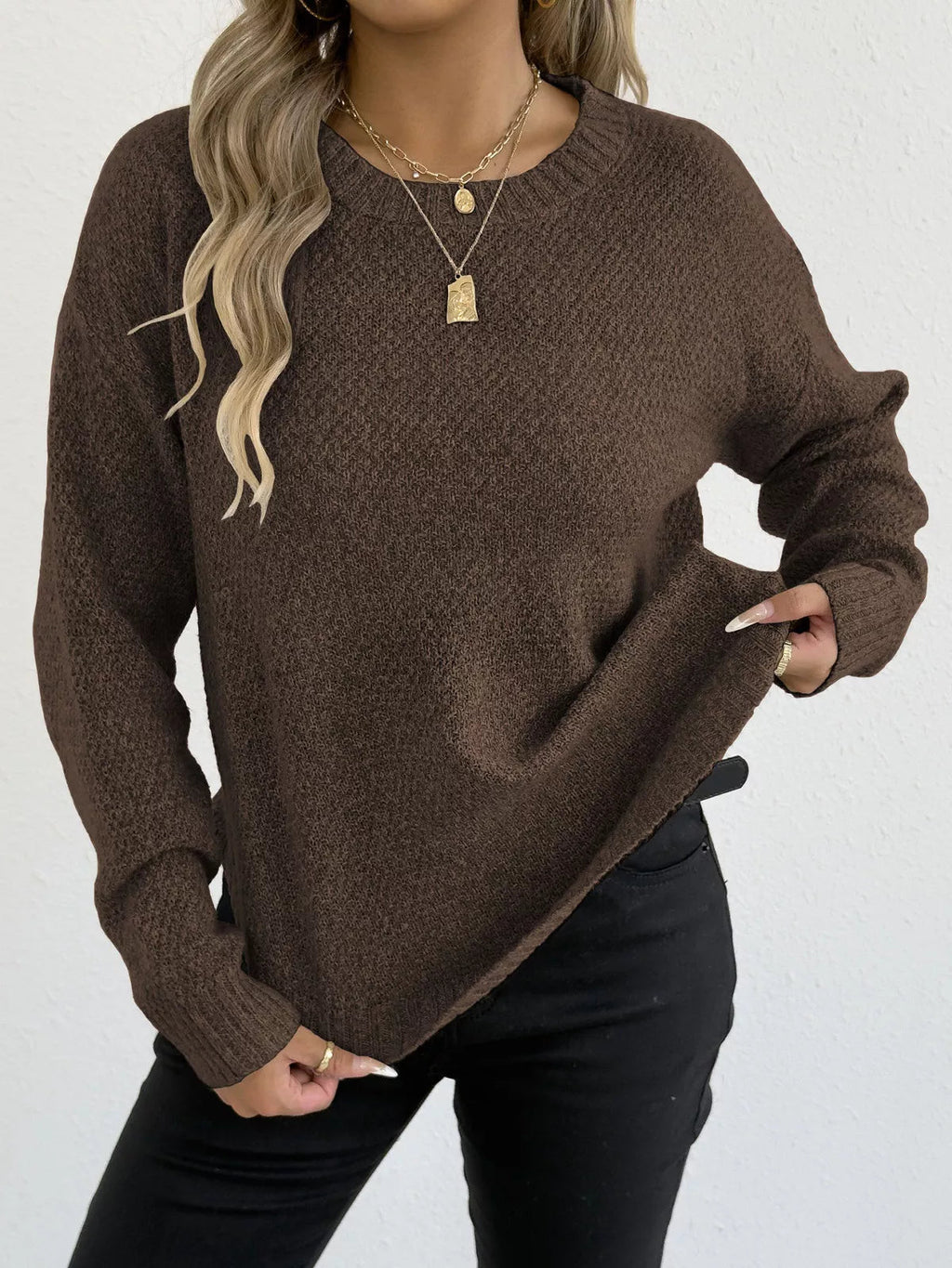Crowned Energy CO. Apricot / S Trendsi Sweaters & Cardigans/Cardigans Textured Knit Relaxed Fit Round Neck Sweater