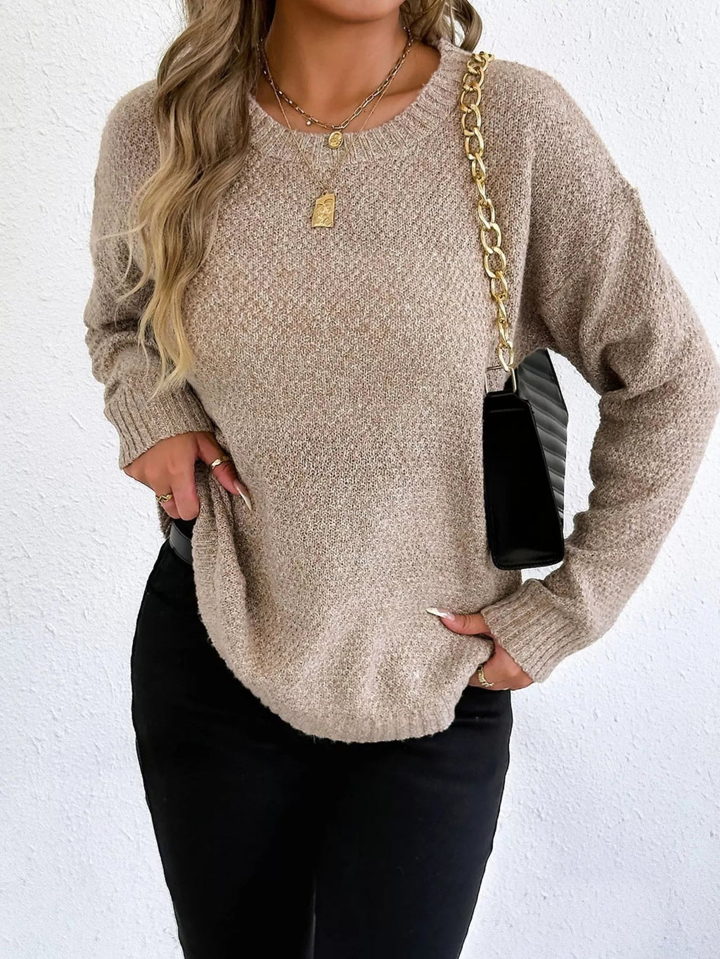 Crowned Energy CO. Apricot / S Trendsi Sweaters & Cardigans/Cardigans Textured Knit Relaxed Fit Round Neck Sweater