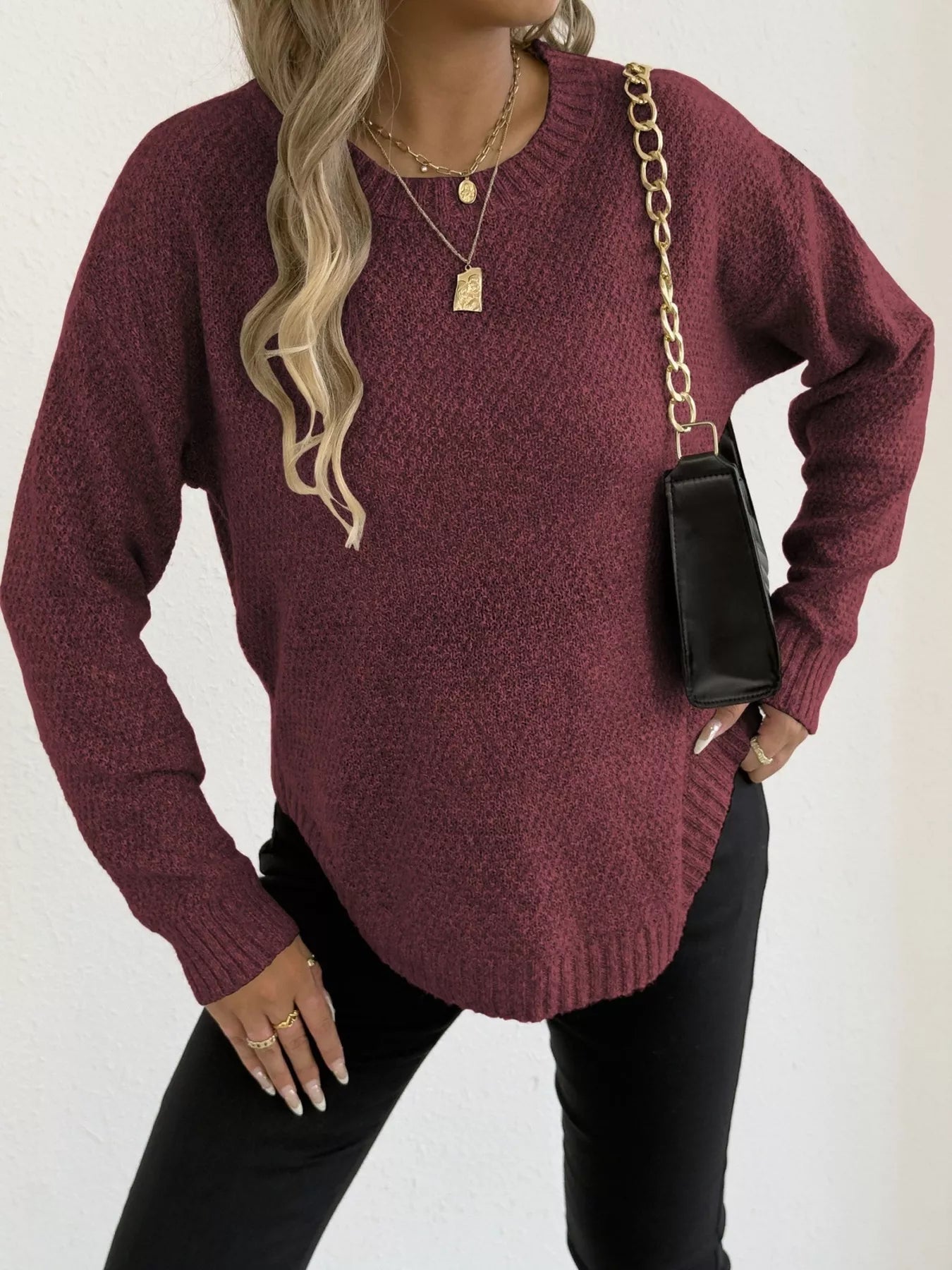 Crowned Energy CO. Apricot / S Trendsi Sweaters & Cardigans/Cardigans Textured Knit Relaxed Fit Round Neck Sweater