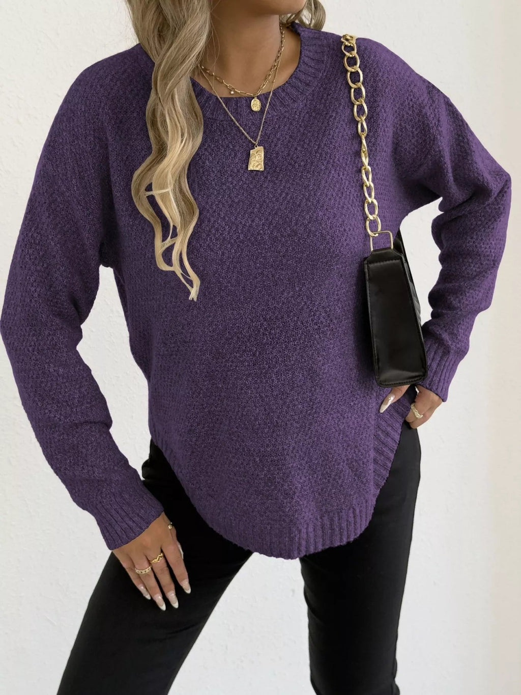 Crowned Energy CO. Apricot / S Trendsi Sweaters & Cardigans/Cardigans Textured Knit Relaxed Fit Round Neck Sweater
