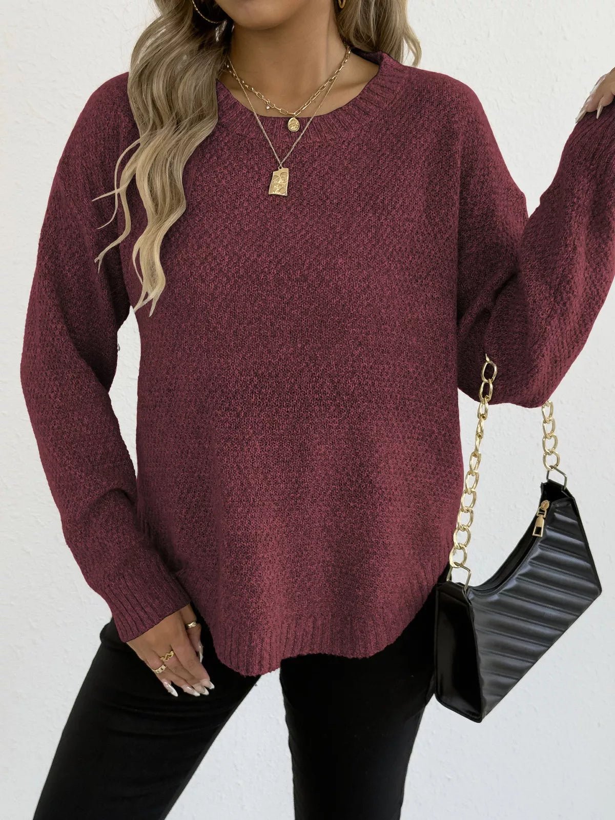 Crowned Energy CO. Apricot / S Trendsi Sweaters & Cardigans/Cardigans Textured Knit Relaxed Fit Round Neck Sweater