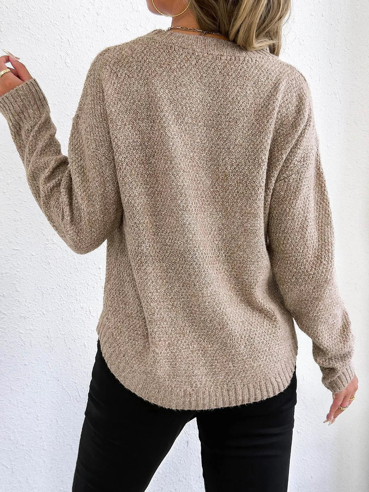 Crowned Energy CO. Apricot / S Trendsi Sweaters & Cardigans/Cardigans Textured Knit Relaxed Fit Round Neck Sweater