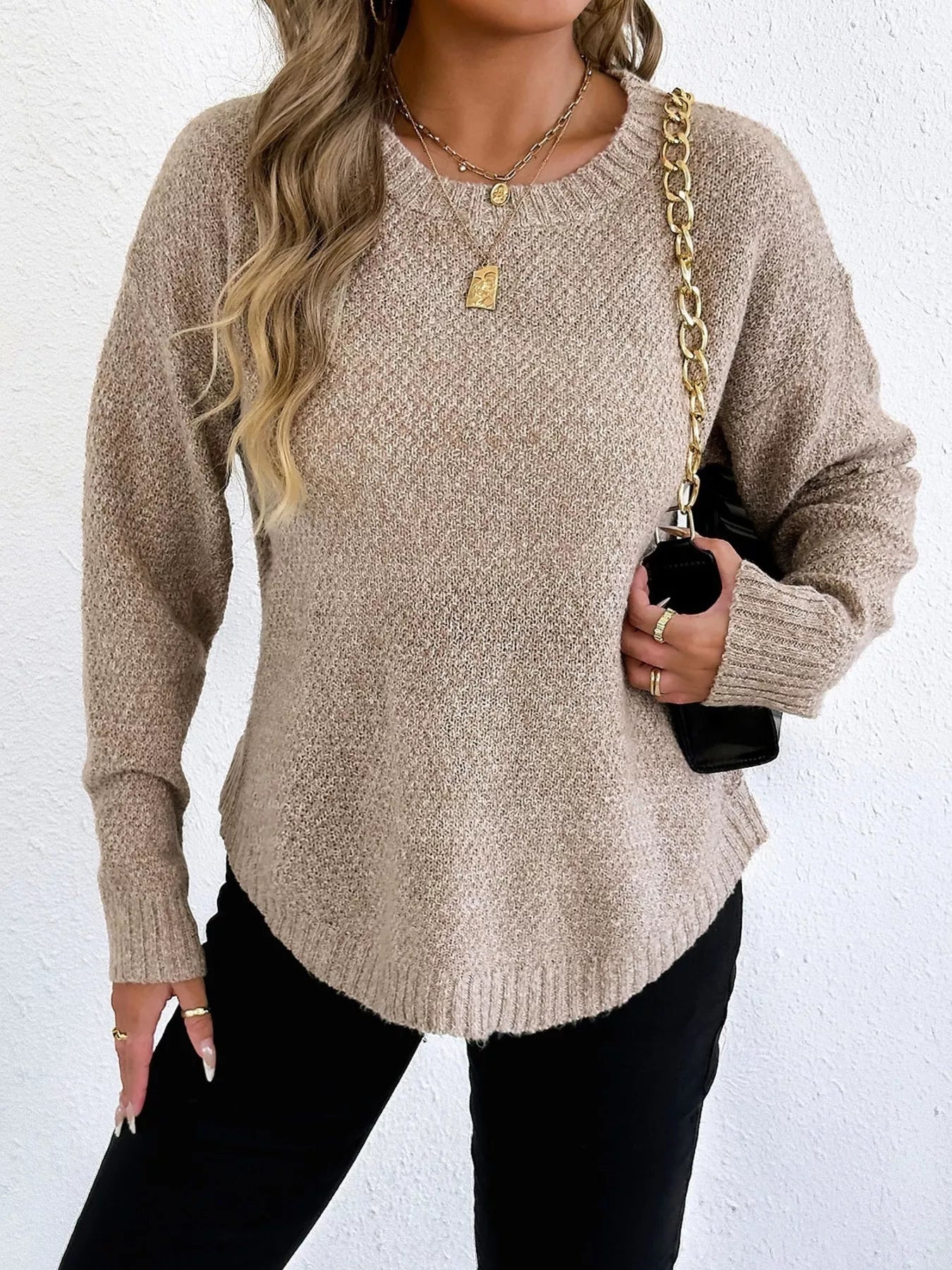 Crowned Energy CO. Apricot / S Trendsi Sweaters & Cardigans/Cardigans Textured Knit Relaxed Fit Round Neck Sweater