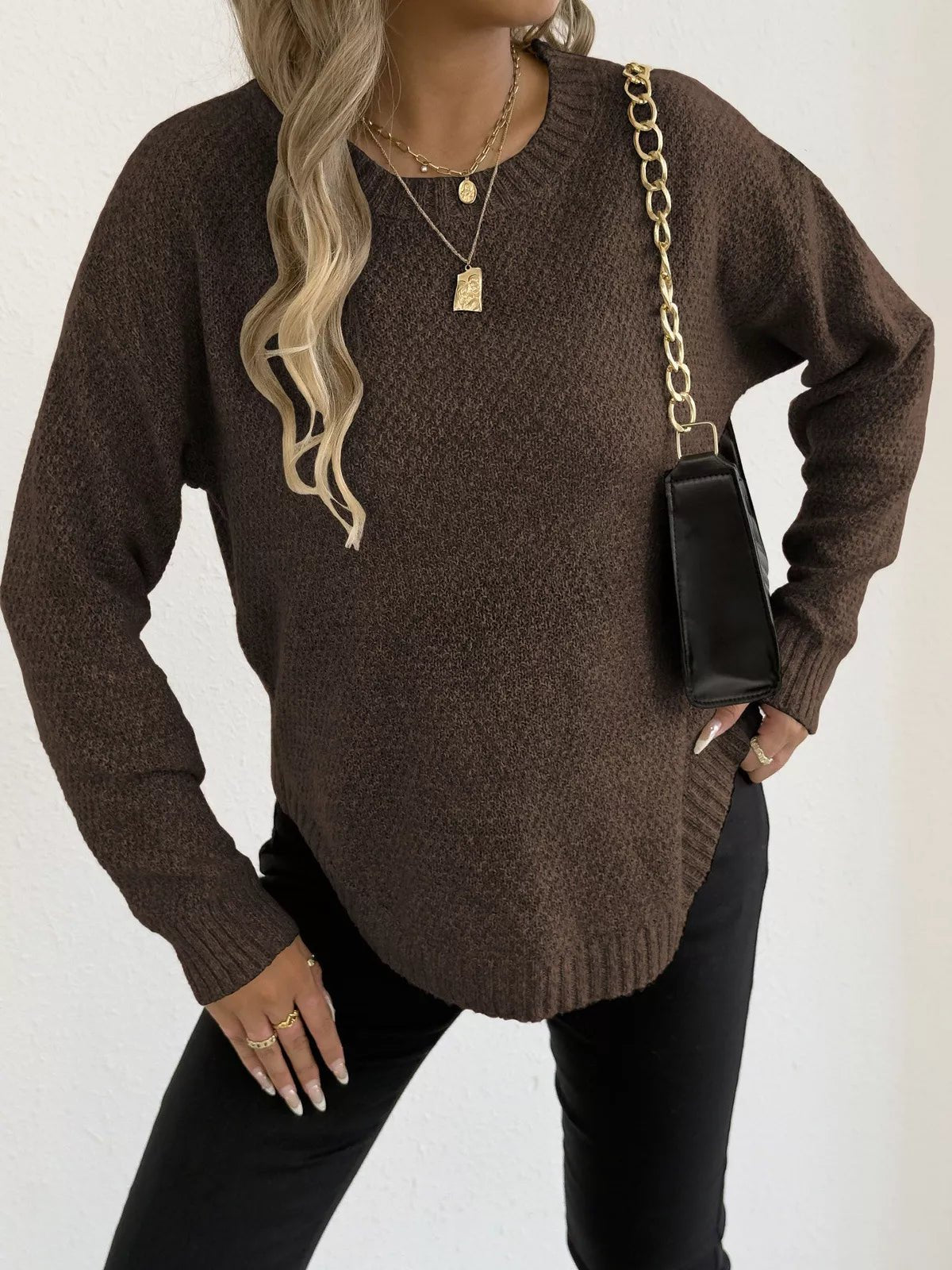 Crowned Energy CO. Apricot / S Trendsi Sweaters & Cardigans/Cardigans Textured Knit Relaxed Fit Round Neck Sweater