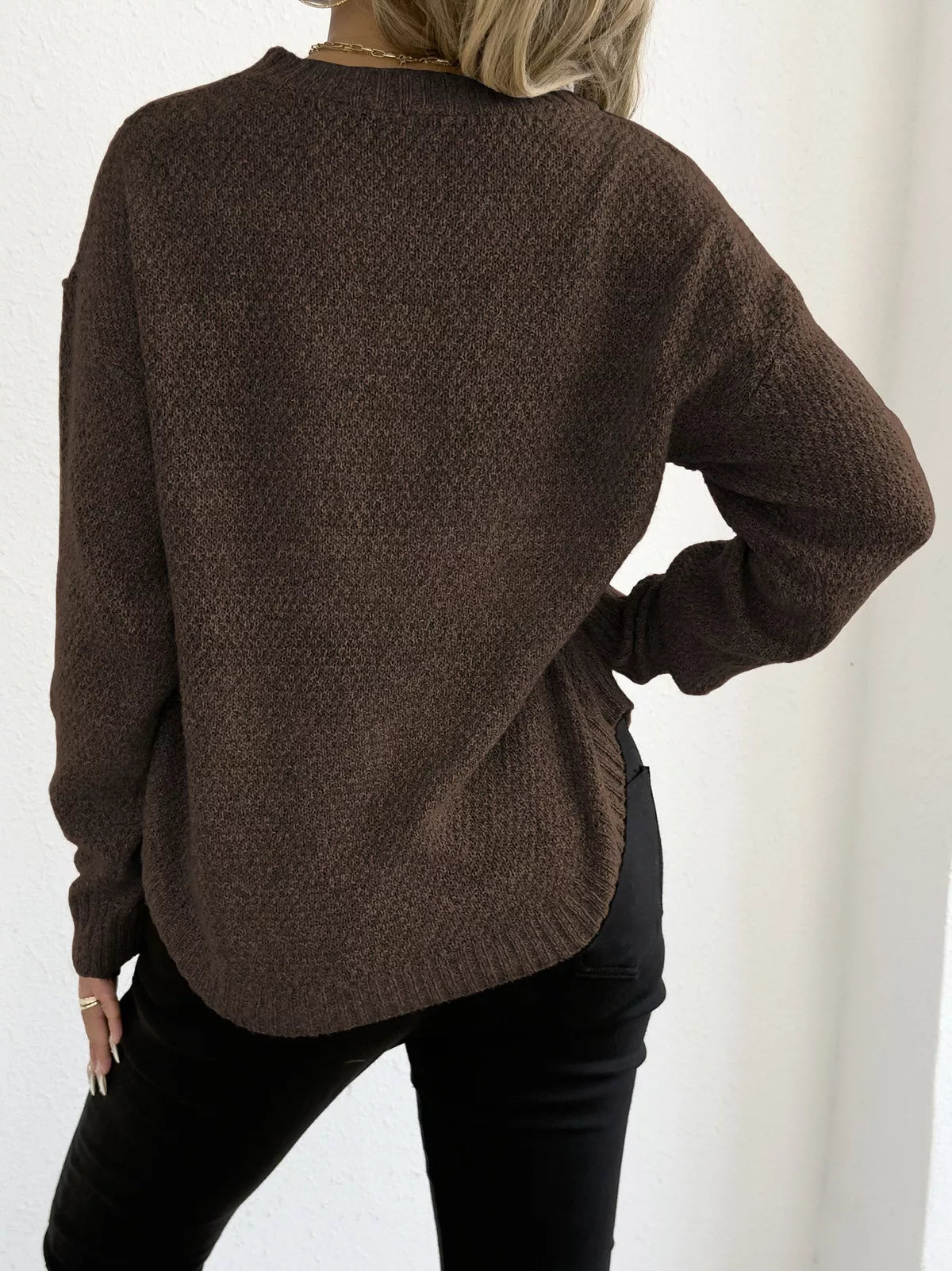 Crowned Energy CO. Apricot / S Trendsi Sweaters & Cardigans/Cardigans Textured Knit Relaxed Fit Round Neck Sweater