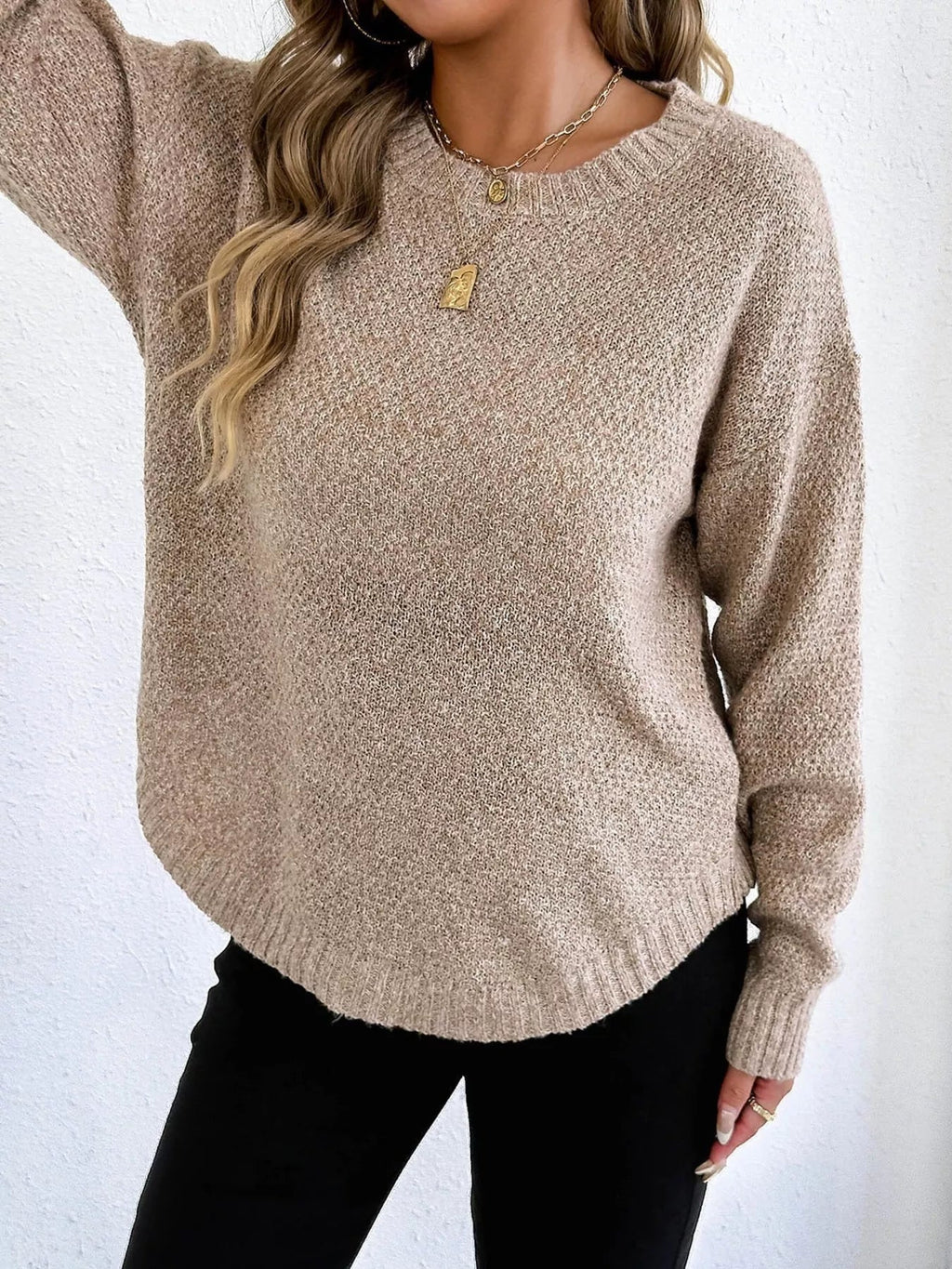 Crowned Energy CO. Apricot / S Trendsi Sweaters & Cardigans/Cardigans Textured Knit Relaxed Fit Round Neck Sweater