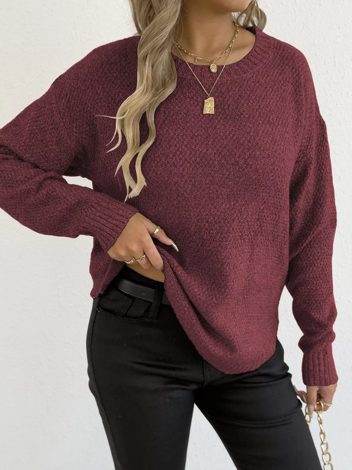 Crowned Energy CO. Burgundy / S Trendsi Sweaters & Cardigans/Cardigans Textured Knit Relaxed Fit Round Neck Sweater