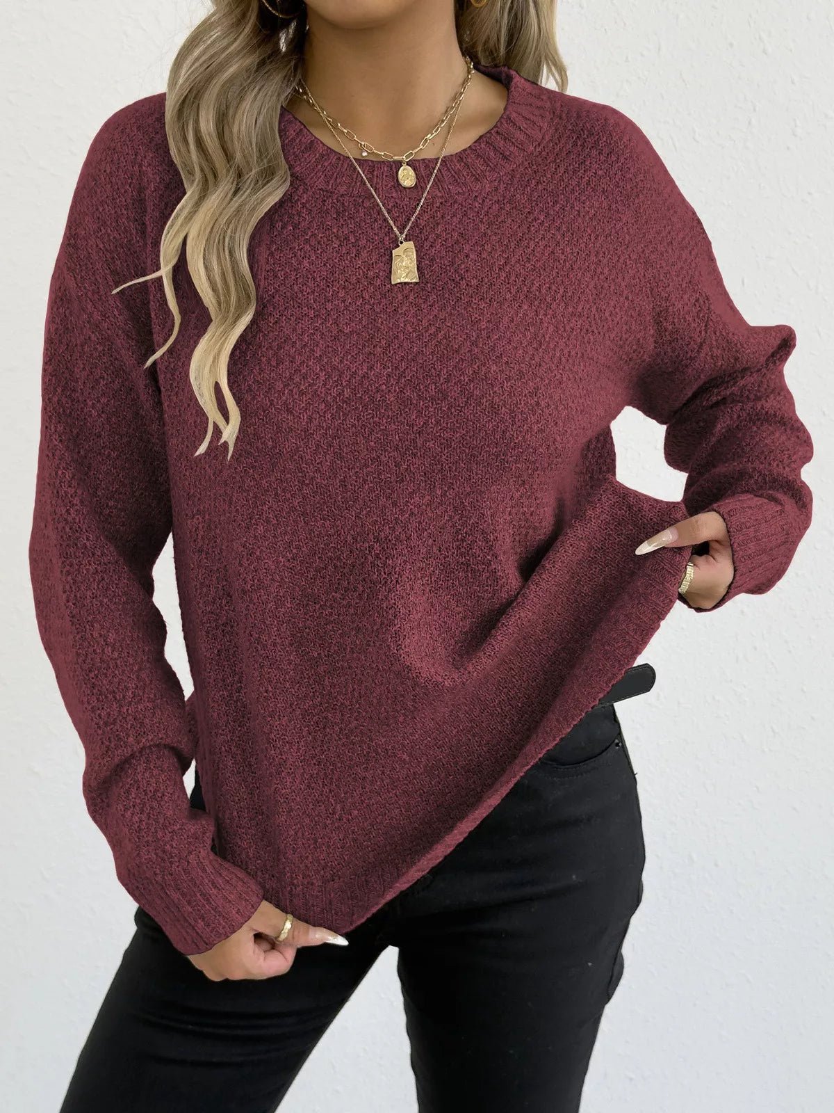Crowned Energy CO. Apricot / S Trendsi Sweaters & Cardigans/Cardigans Textured Knit Relaxed Fit Round Neck Sweater