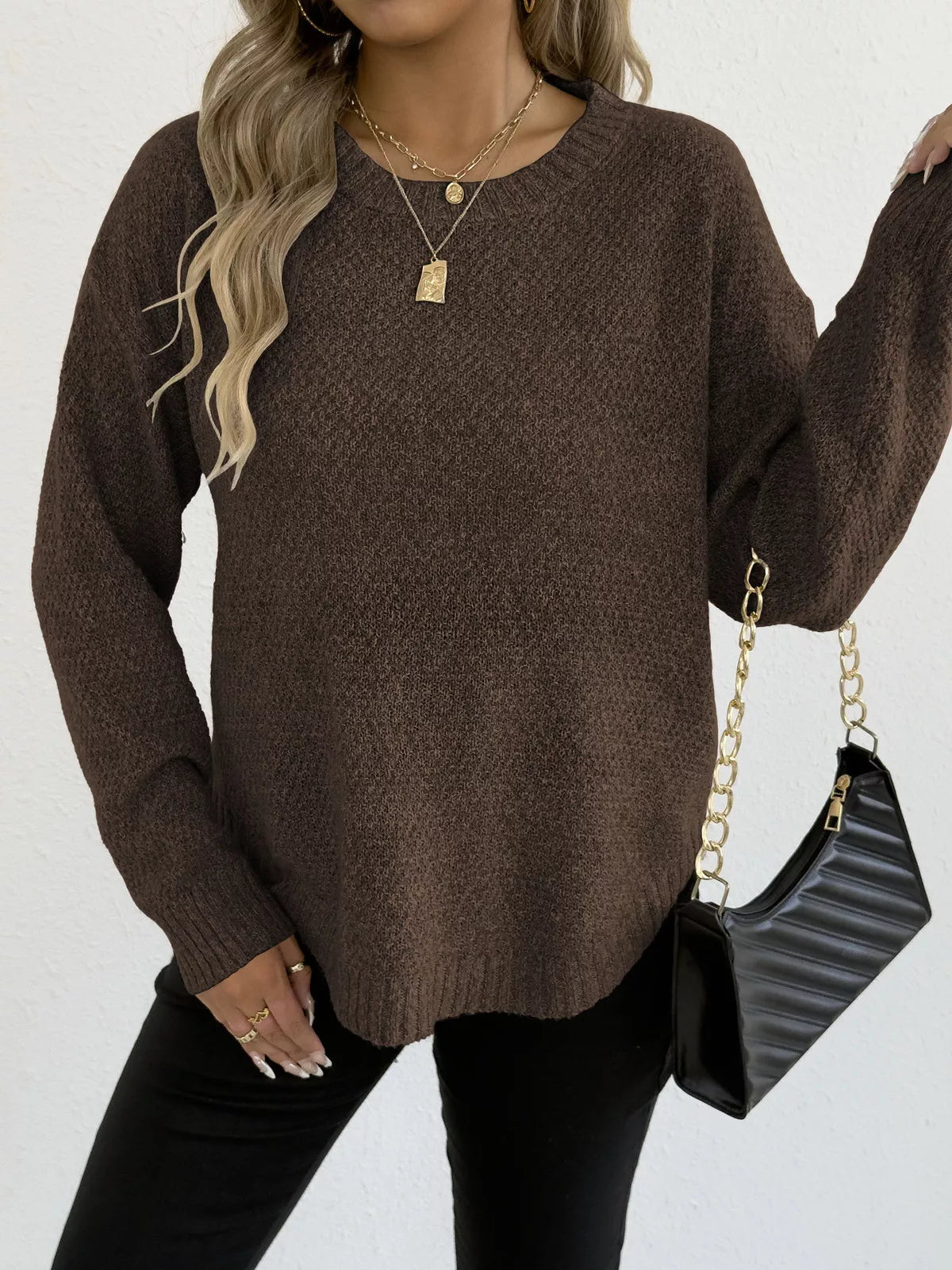 Crowned Energy CO. Apricot / S Trendsi Sweaters & Cardigans/Cardigans Textured Knit Relaxed Fit Round Neck Sweater